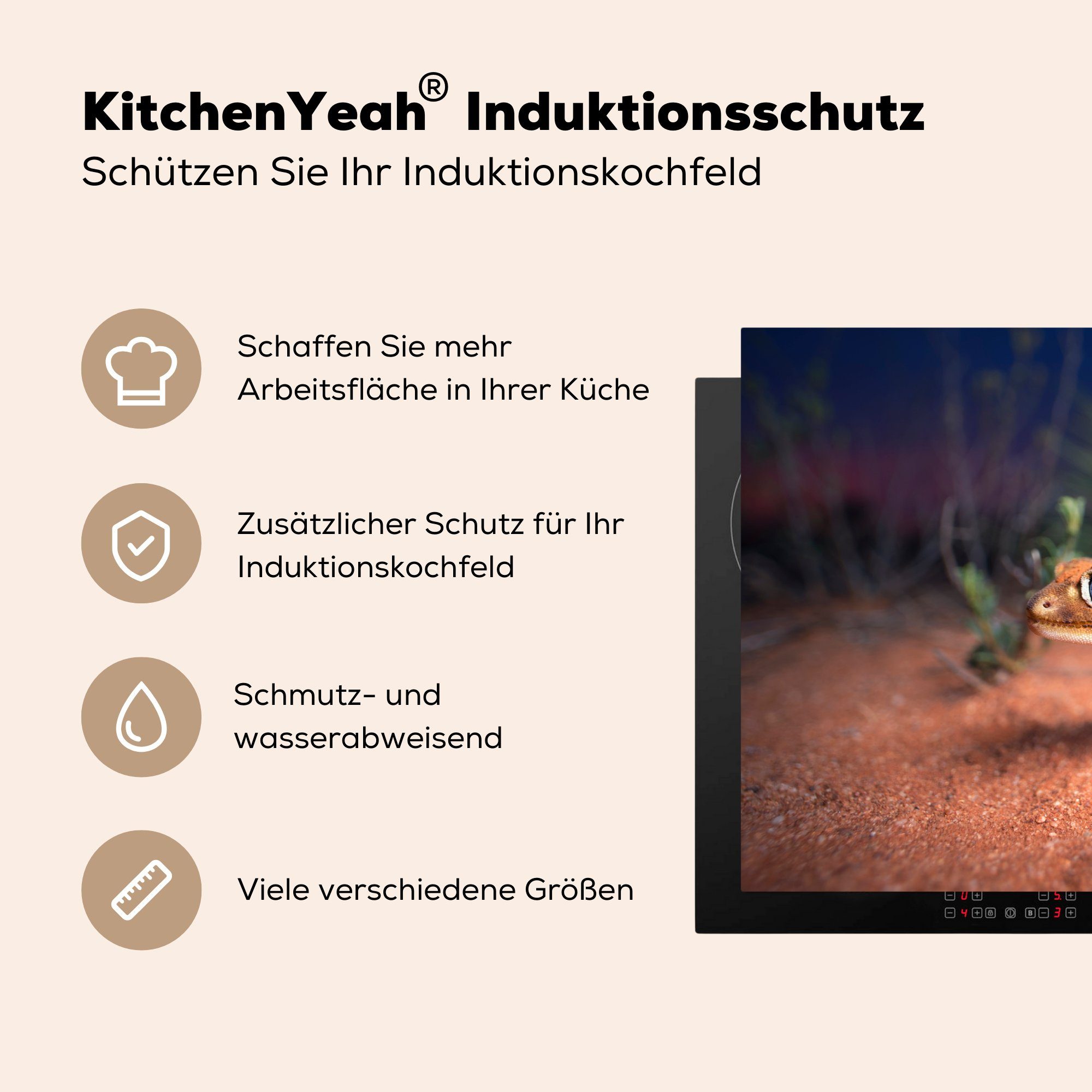 MuchoWow Sand, für Induktionskochfeld Schutz küche, die Gecko Jung Ceranfeldabdeckung - Herdblende-/Abdeckplatte Vinyl, tlg), cm, 81x52 (1 -