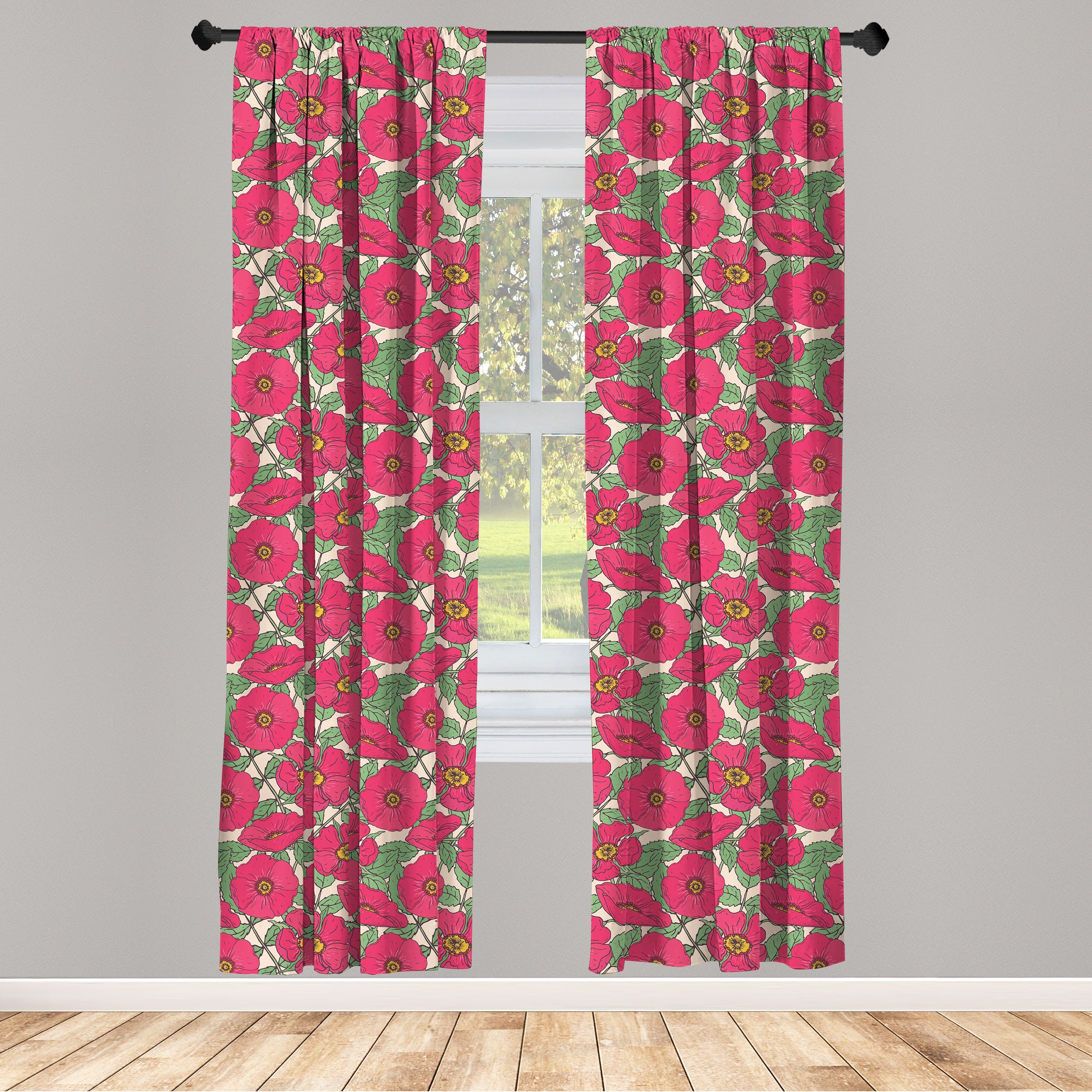 Gardine Vorhang für Wohnzimmer Schlafzimmer Dekor, Abakuhaus, Microfaser, Botanisch Pink Dog Roses Blätter