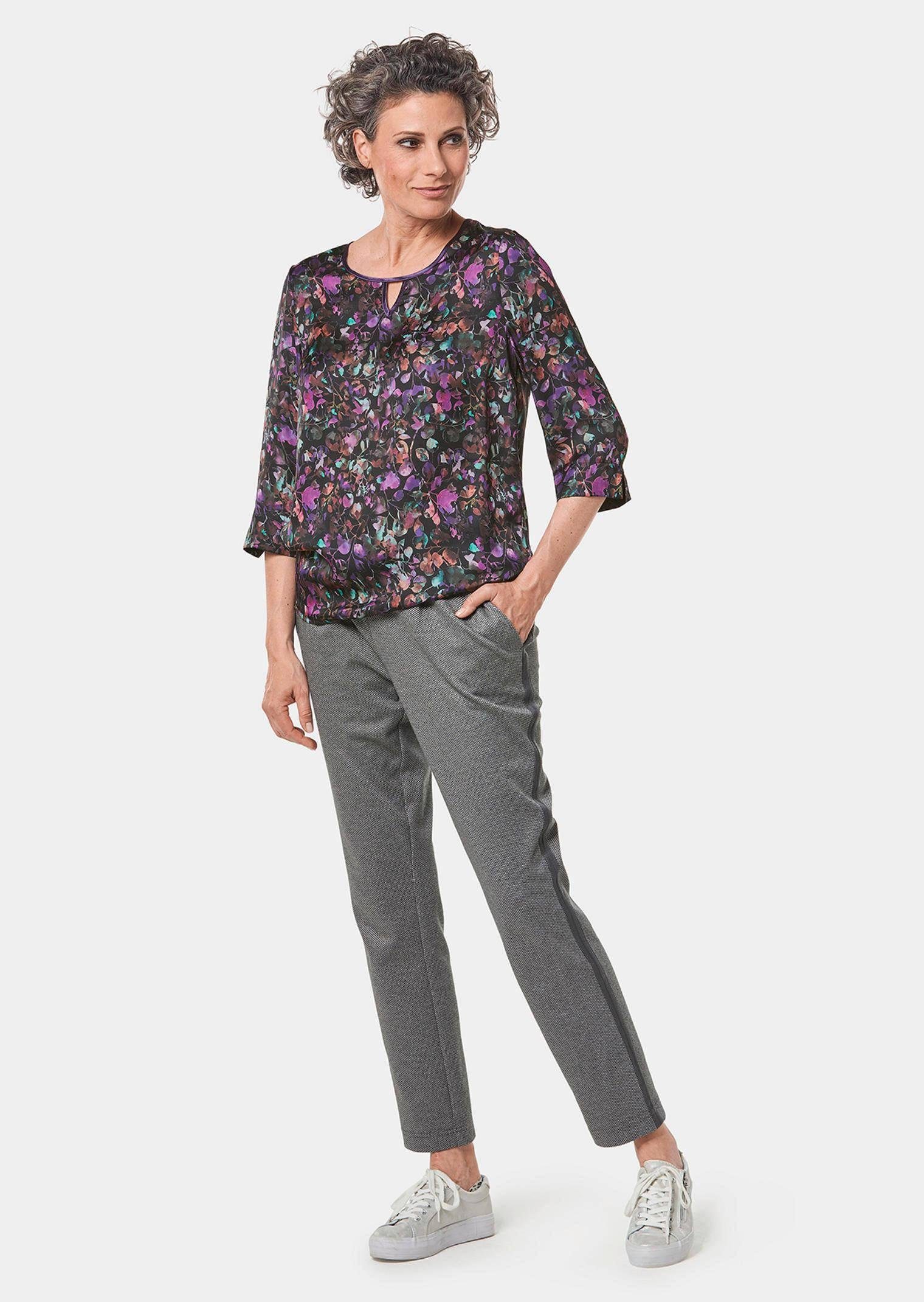 GOLDNER Druckbluse Seidige Druckbluse mit Blütendessin Blumenmuster und feiner Rundhalsausschnitt mit Paspelierung