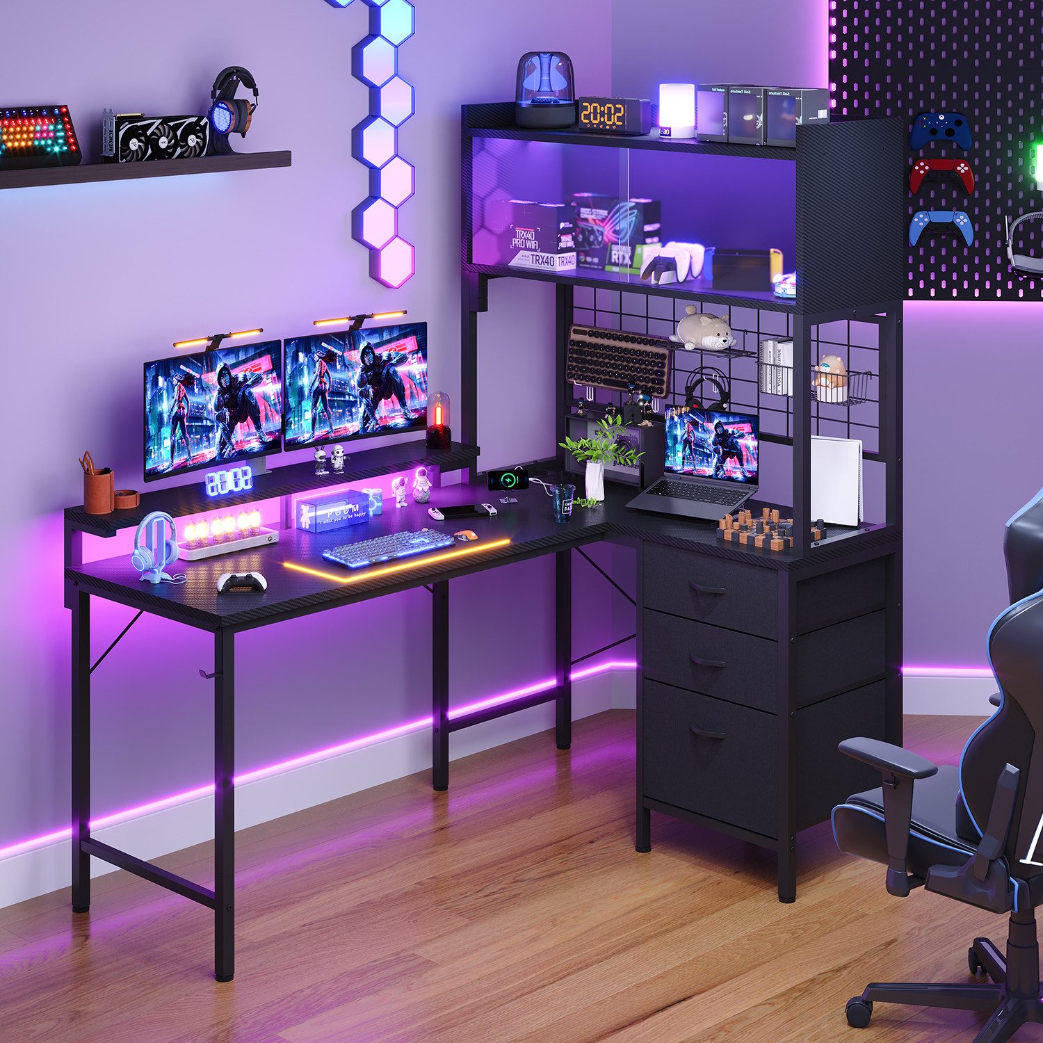 HOMALL Gamingtisch Gaming Schreibtisch mit USB-Steckdose & RGB LED (mit Monitorständer & Vitrine, mit 2 Schubladen, Ergonomischer Computertisch mit Stromleiste, 120/140cm Schreibtisch für Gaming & Homeoffice, Schwarz)