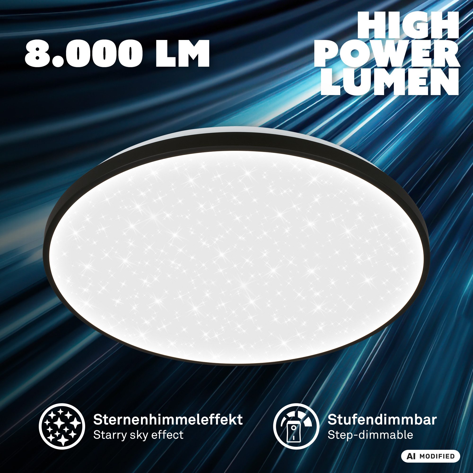 Briloner Leuchten LED Deckenleuchte Deckenlampe Dimmbar Sternenhimmel-Effekt rund modern, LED fest integriert, Neutralweiß, 4000K, 48x6,5 cm, Wohnzimmer, Schlafzimmer, Flur