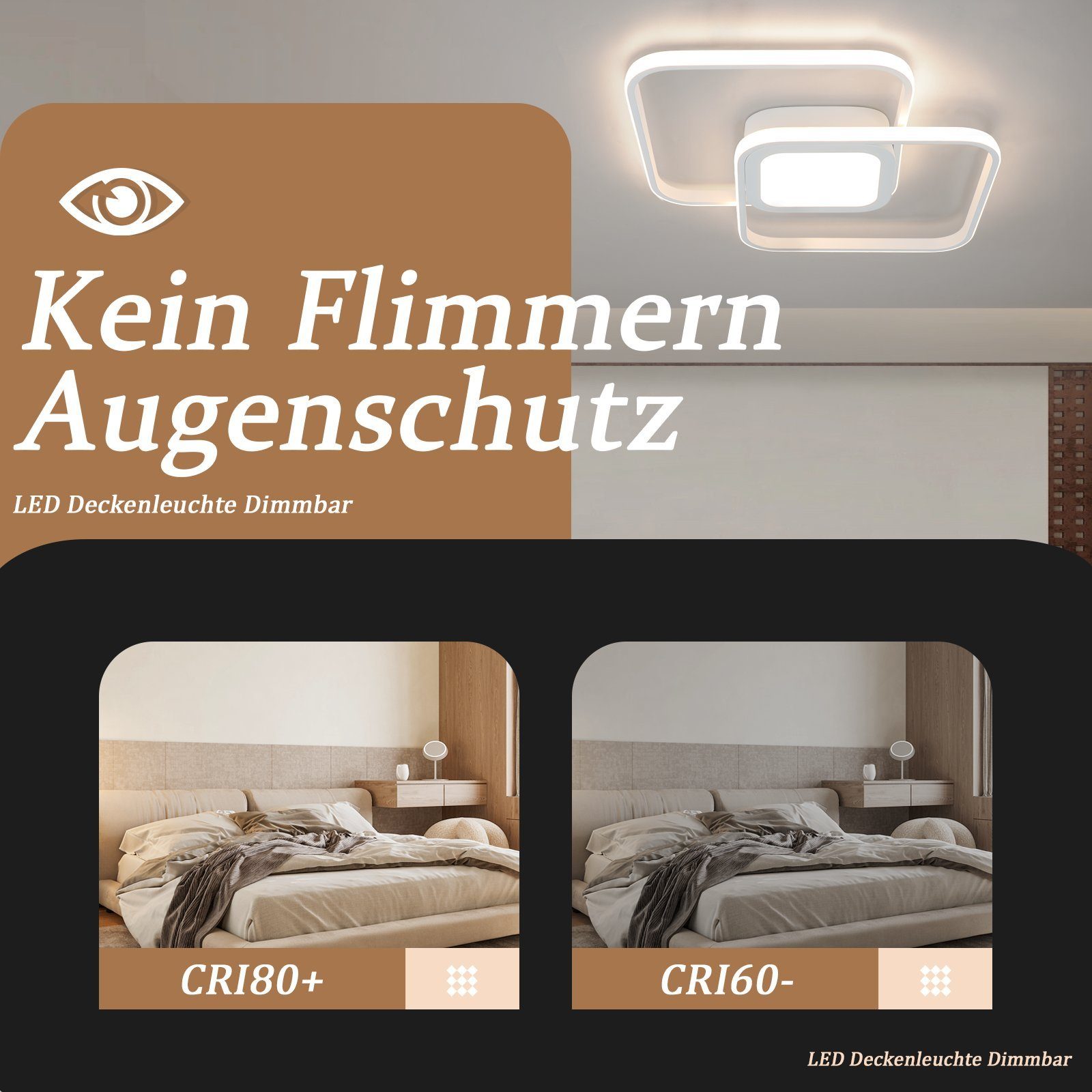 Modern für 3000-6500k, Deckenleuchte integriert, 48W Küche LED Esszimmer, ZMH Weiß LED Kinderzimmer mit Fernbedienung, - Schlafzimmerlampe Dimmbar Metall fest Wohnzimmer