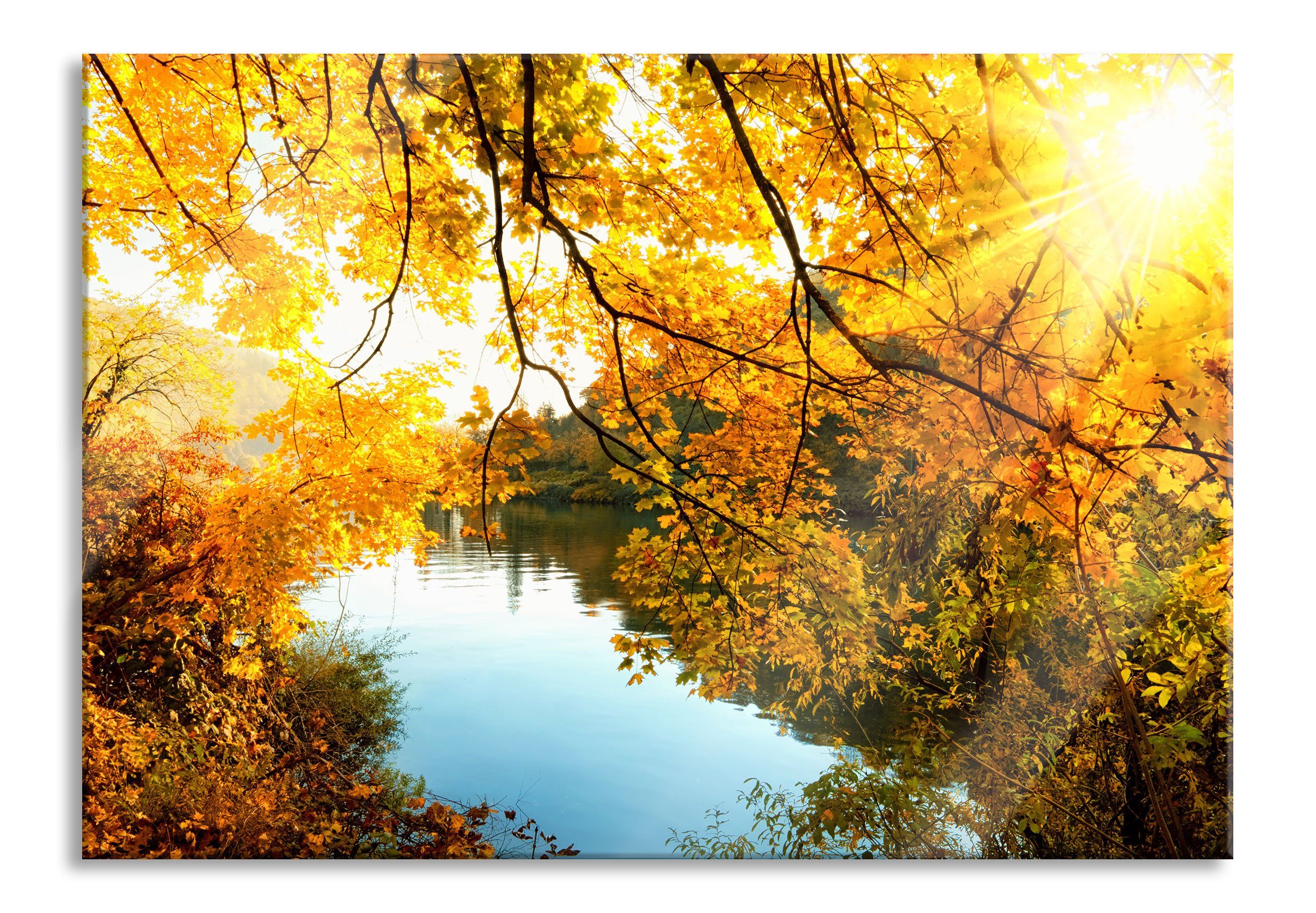 Glasbild Landschaft mit See und Bäumen