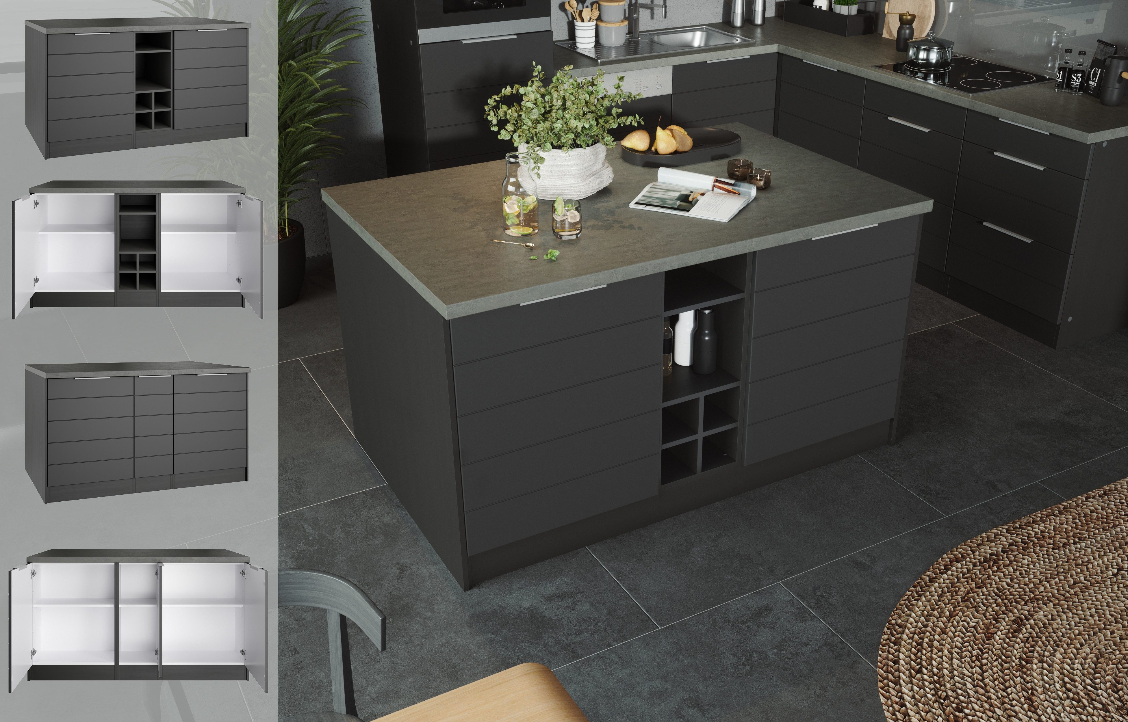 KOCHSTATION Кухниinsel KS-Luhe, Breite 153 cm, mit Flaschenregal, MDF-Fronten, Arbeitsplatte 38mm stark