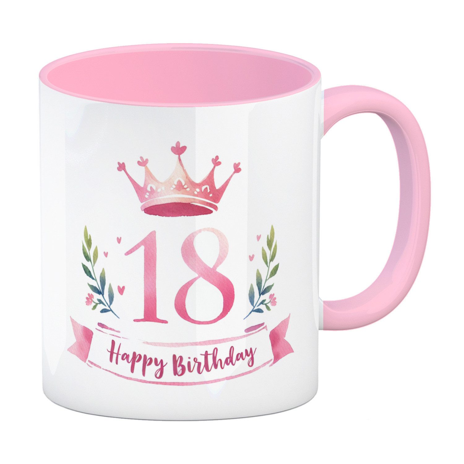 Tasse Happy Birthday 18 Krone Kaffeebecher in rosa