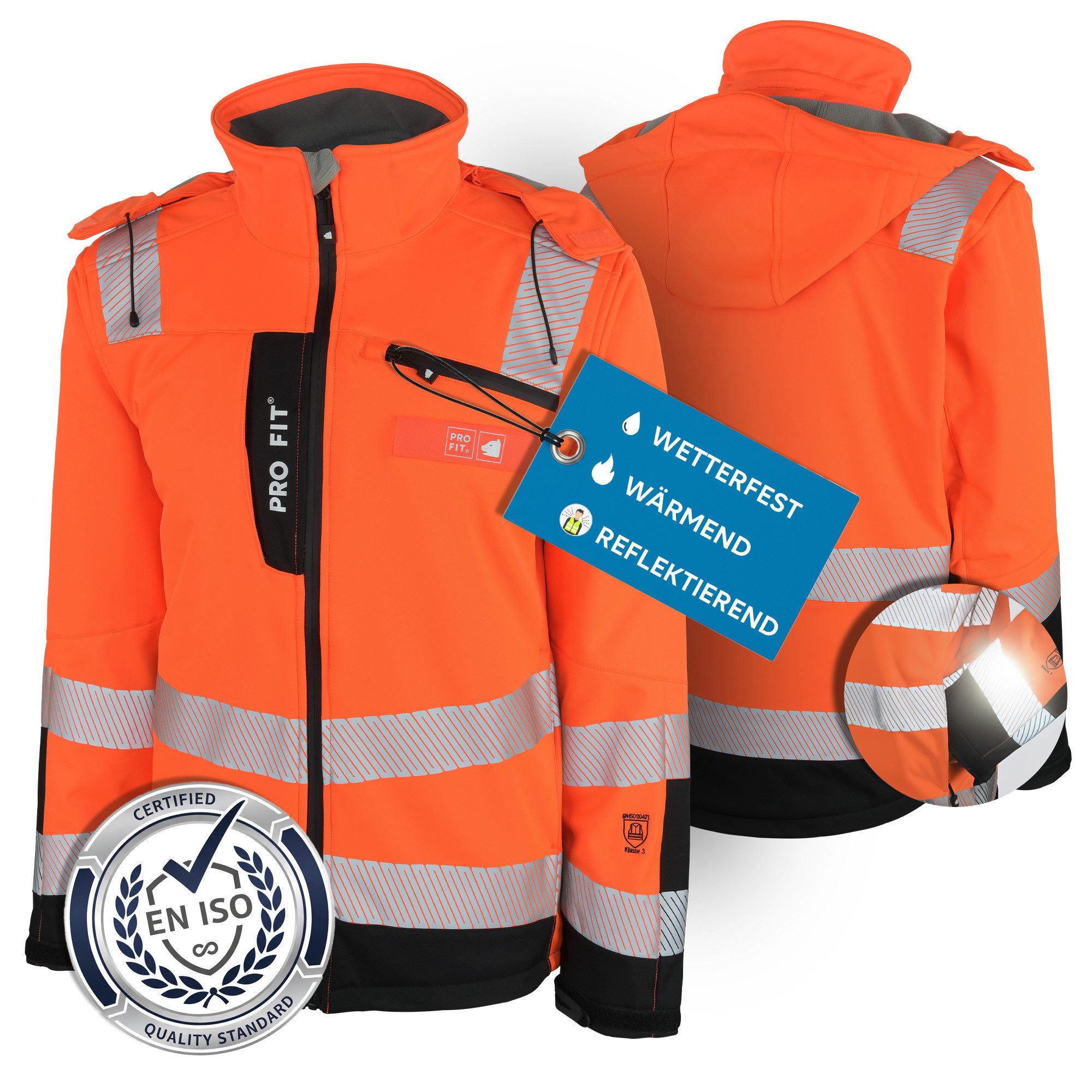 PRO FIT Arbeitsjacke Winter Warnschutz-Softshelljacke - Neonorange/Schwarz, Wasserabweisend, Winddicht, Abnehmbare Kapuze, Atmungsaktiv, Reflektor