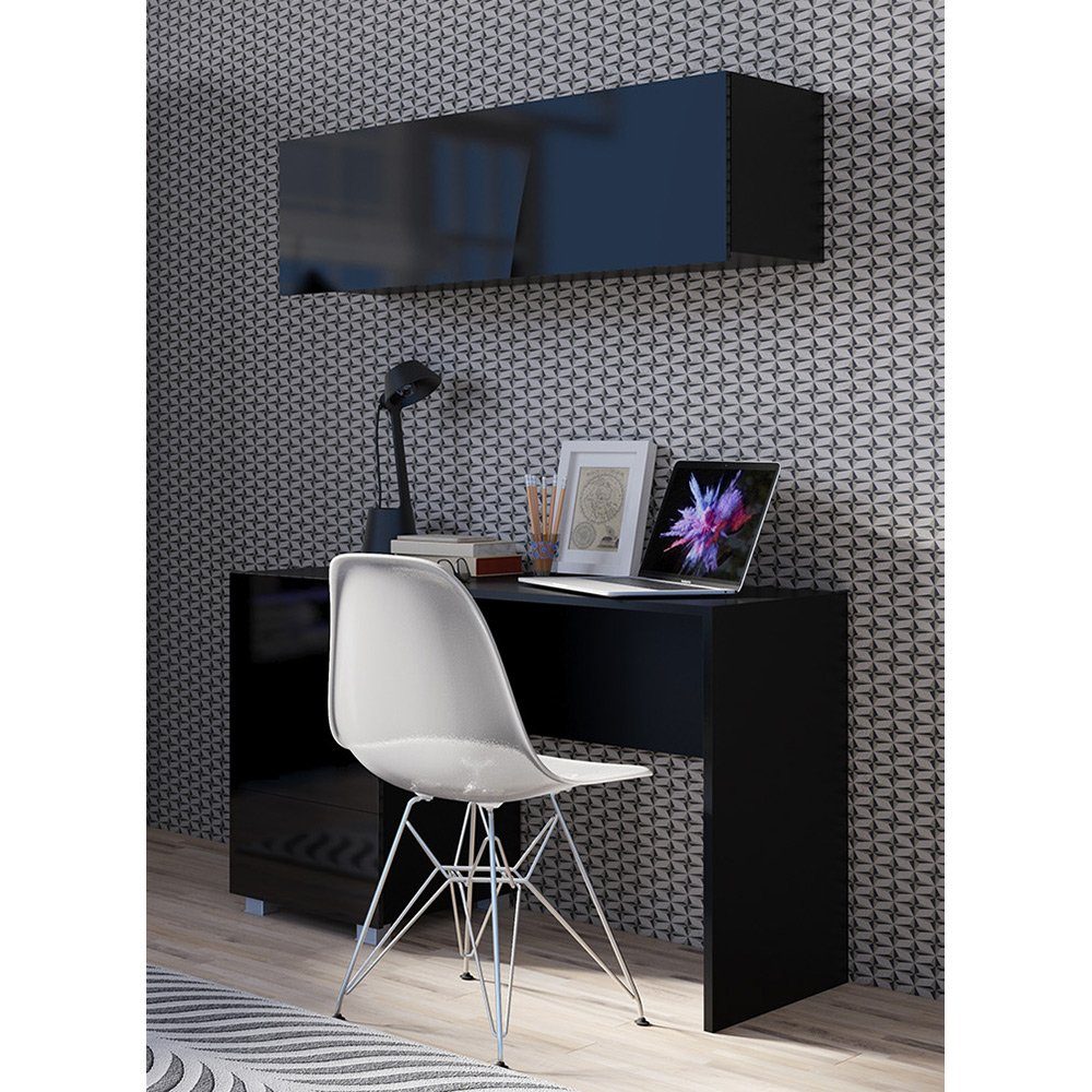 Lomadox Schreibtisch CAIRNS-132, Arbeitstisch Bürotisch mit Regal schwarz Hochglanz, Modern, grifflos