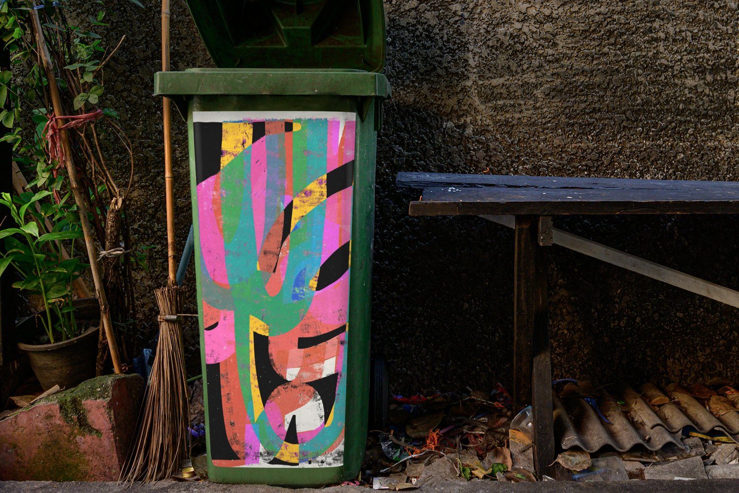 - Container, Farben Abstrakt - MuchoWow Wandsticker - Grün Kunst Sticker, St), Mülleimer-aufkleber, (1 Mülltonne, Rosa Abfalbehälter -