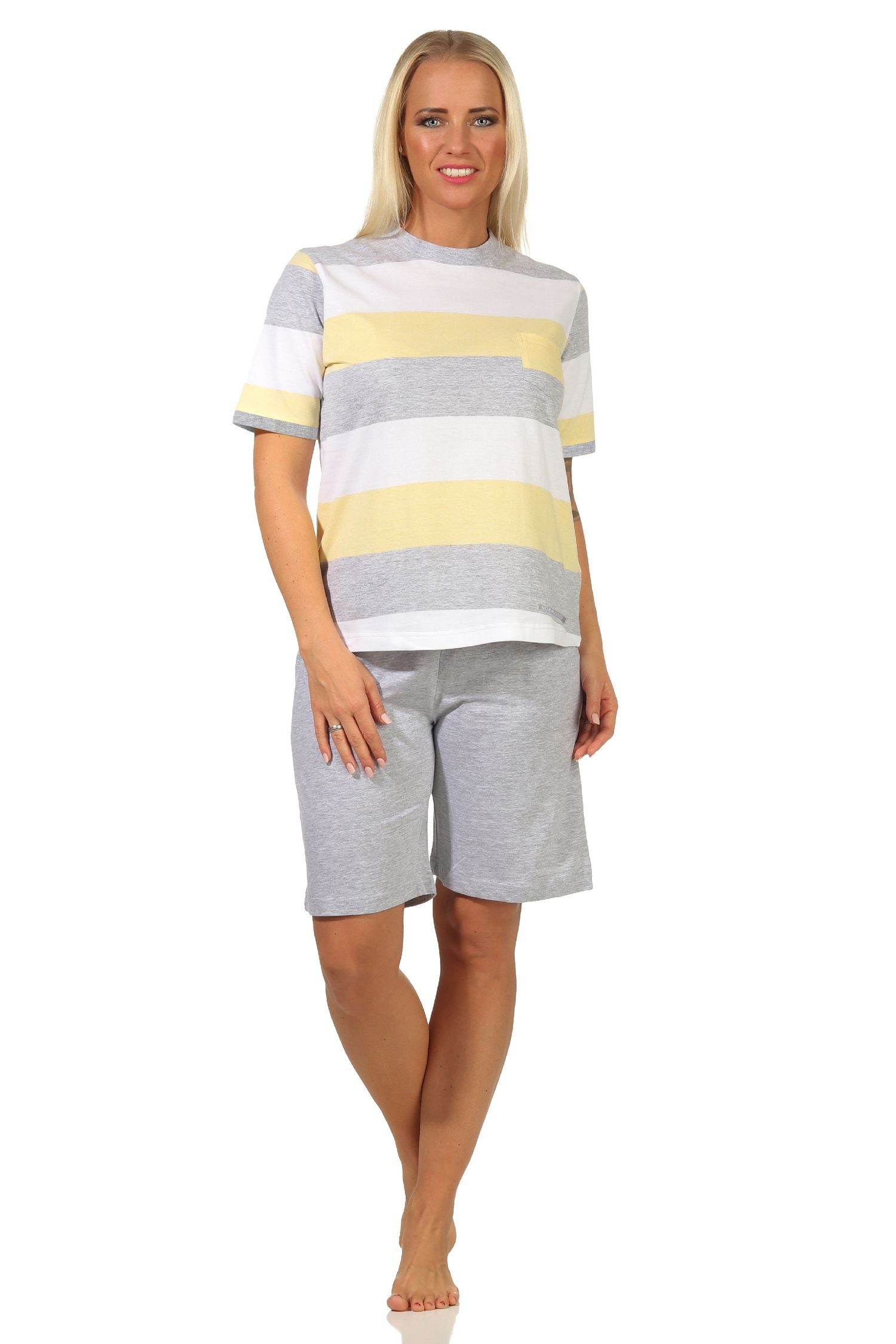 Normann Pyjama Damen kurzarm Schlafanzug Shorty Streifen Optik - auch in Übergröße gelb