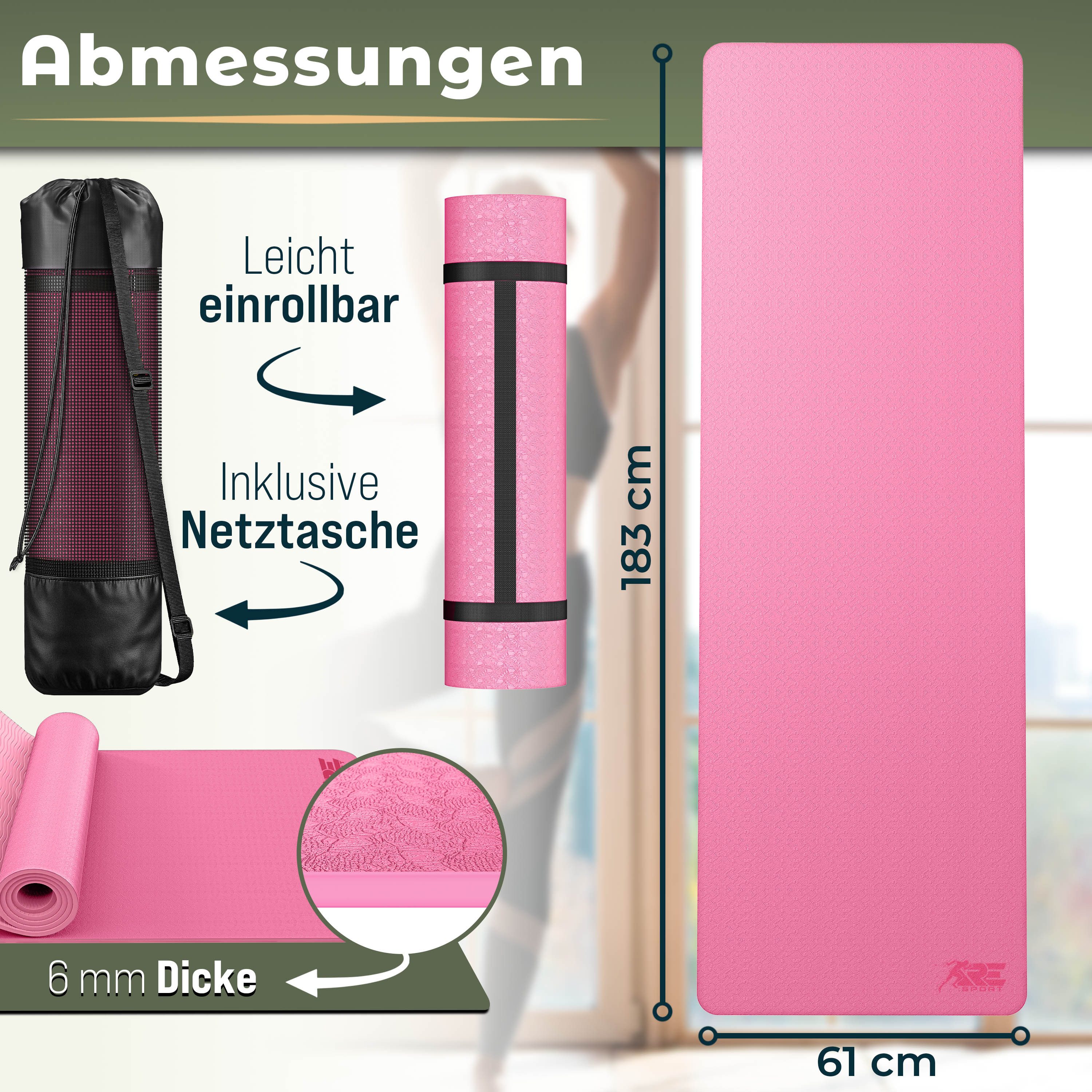 RE:SPORT Gymnastikmatte 183 x 61 x 0,6 cm mit Tragetasche Yogamatte TPE Fitnessmatte (rutschfest), Trainingsmatte mit Tragegurt Fitness Gymnastik Pilates Workou – Bild 3 von 5