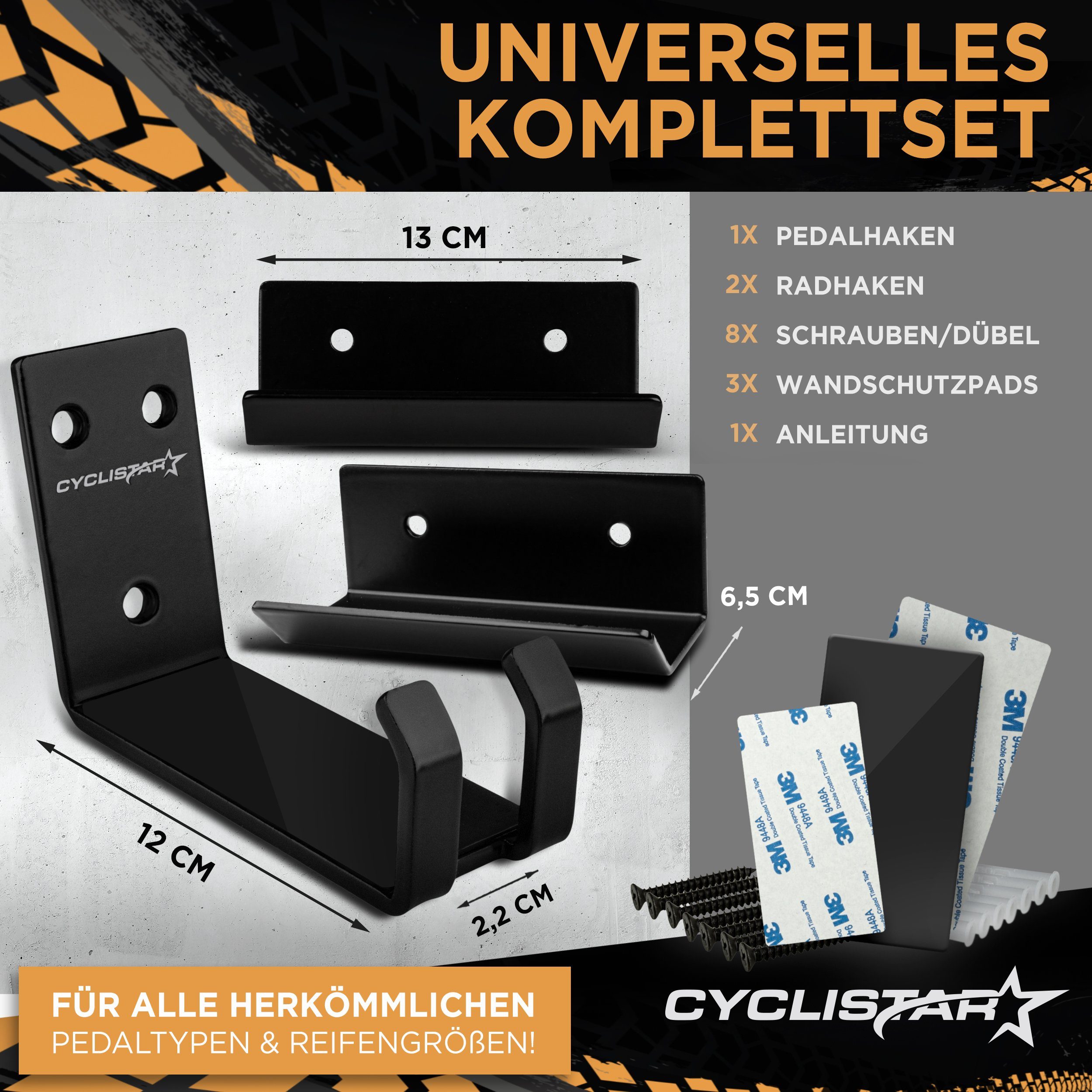 Cyclistar Fahrradwandhalterung Universell für E-Bike & Rennrad bis 40kg, Mit Pedalaufhängung, 2x Stützwinkeln & Montagematerial