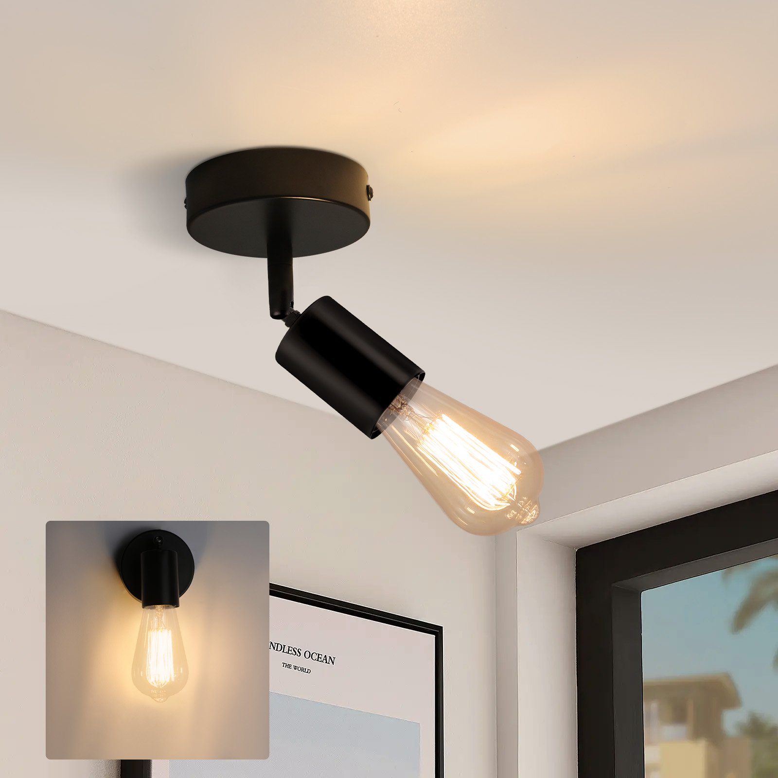 ZMH LED Deckenleuchte E27 Deckenlampe Schwarz - Deckenstrahler 1 Flammig Vintage, ohne Leuchtmittel, 330 ° schwenkbar, 180 ° einstellbar