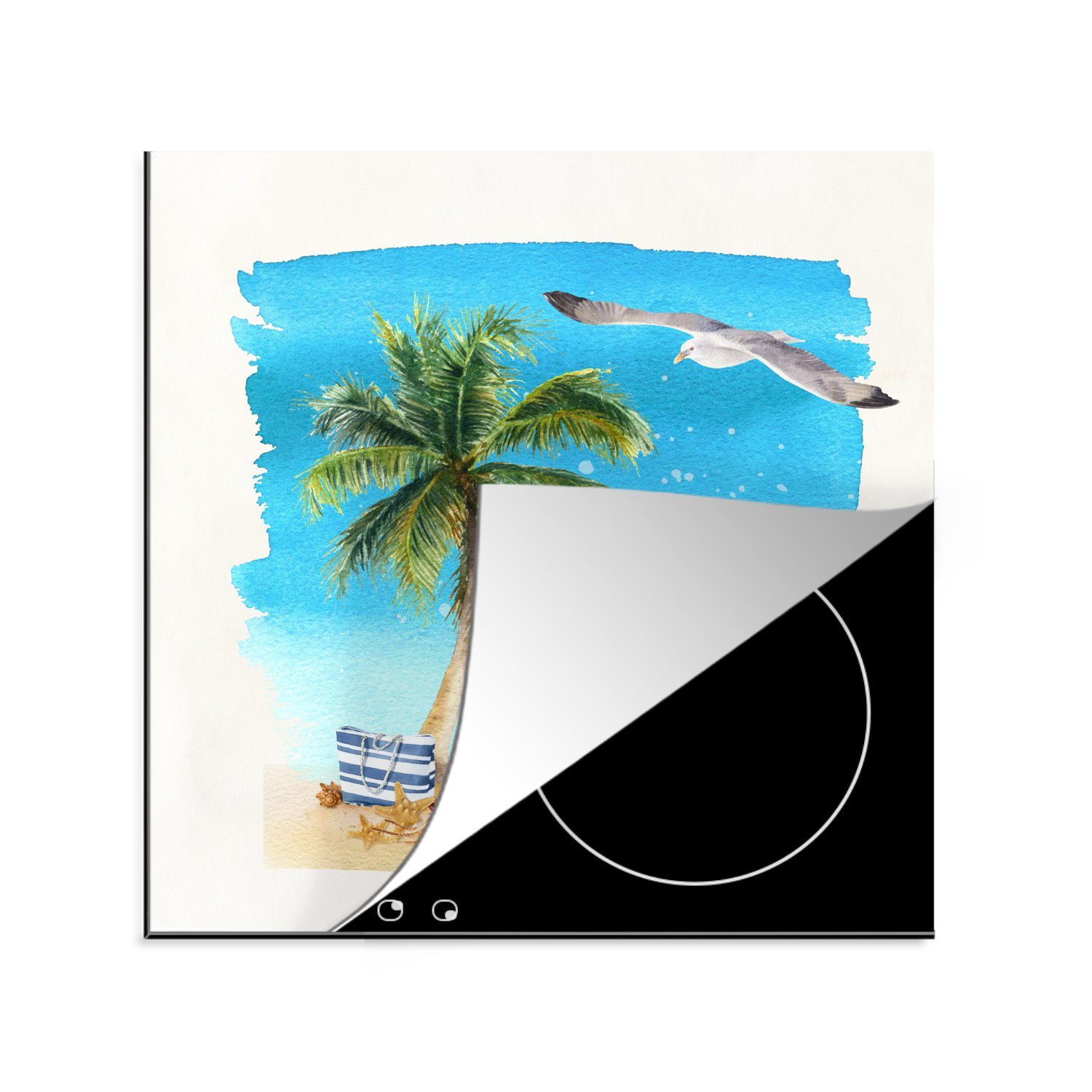 MuchoWow Herdblende-/Abdeckplatte Strandkorb - Sonnenschirm - Palme, Vinyl, (1 tlg), 78x78 cm, Ceranfeldabdeckung, Arbeitsplatte für küche
