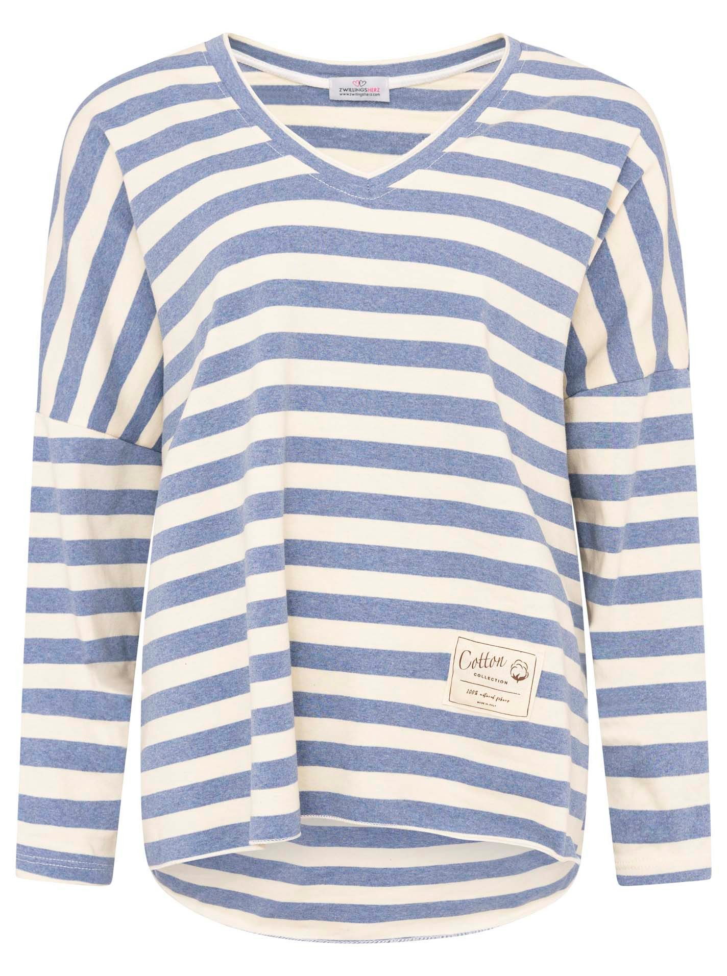 Zwillingsherz T-Shirt "Streifen & Jersey" Streifenmuster, V-Neck, offene Kanten für Used Look