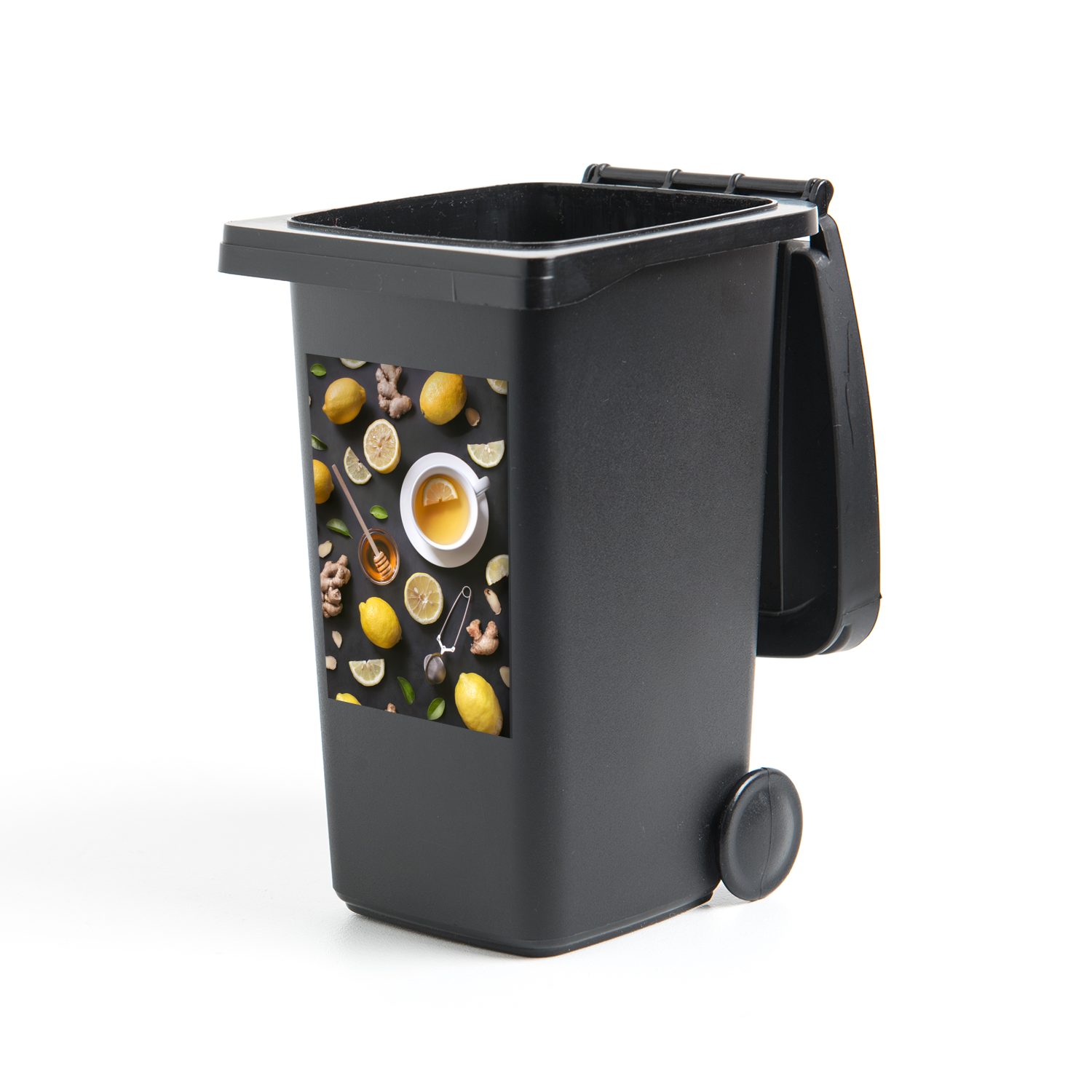 MuchoWow Eine St), auf Zitronen-Honig-Tee Mülleimer-aufkleber, Tasse Holzhintergrund. rustikalem (1 Wandsticker Abfalbehälter Sticker, Container, Mülltonne,