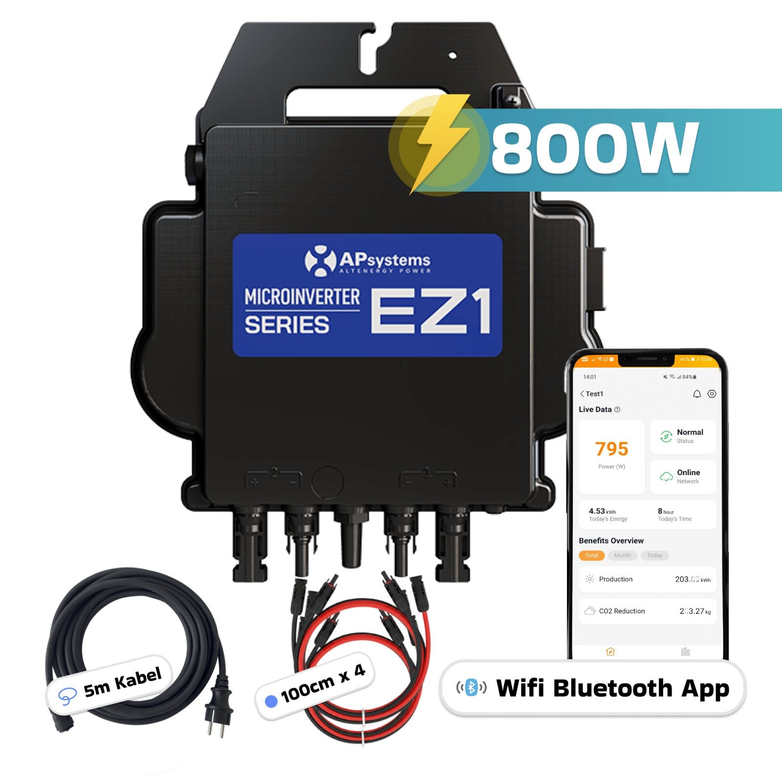 SUNNIVA Wechselrichter AP Systems Mikro-Wechselrichter 800 W EZ1-M-EU für Balkonkraftwerk, (IP67 wetterfest, Plug&Play Installation, 2 MPPT, Bluetooth & WIFI, inkl.5m Anschlusskabel & 4x1m Solar-Verlängerungen Micro Inverter)