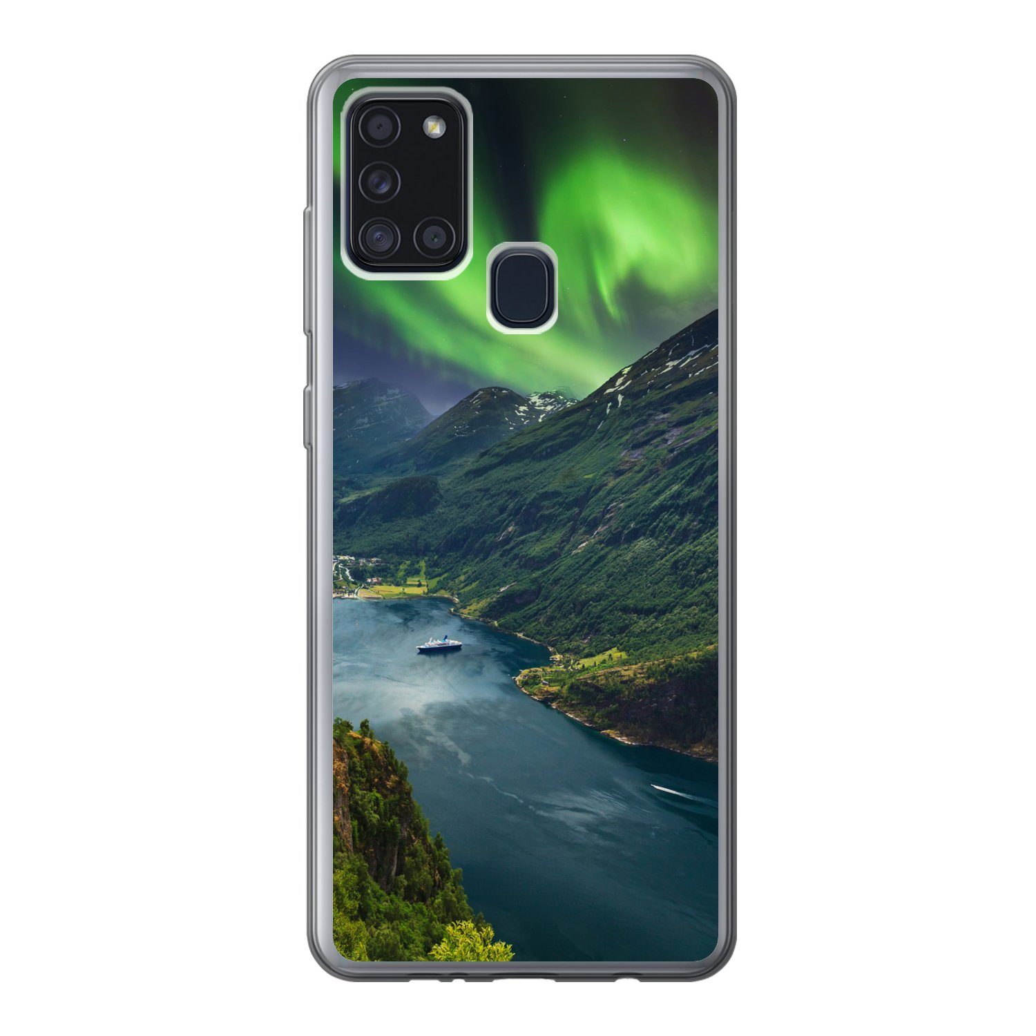 MuchoWow Handyhülle für Samsung Galaxy A21s Nordlichter - Berg - Boot - Norwegen, Smartphone-Bumper, Print, Handy Schutzhülle Dünn