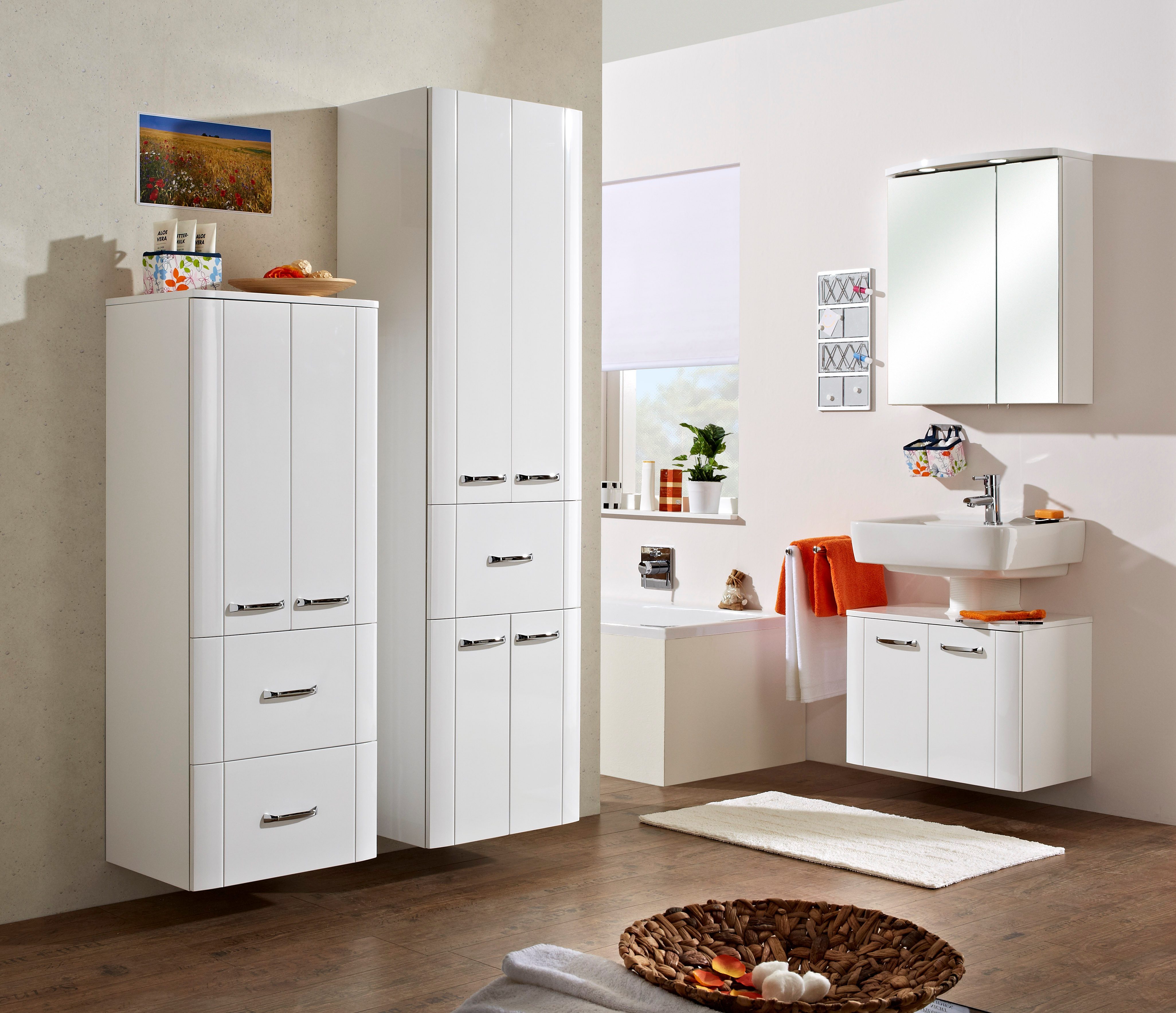 Saphir Midischrank Serie 3006 Badschrank 50cm,2 Türen,2 Schubladen,Türdämpfer 2 Glas-Einlegeböden, Badezimmer-Midischrank 130 cm hoch, 38 cm tief