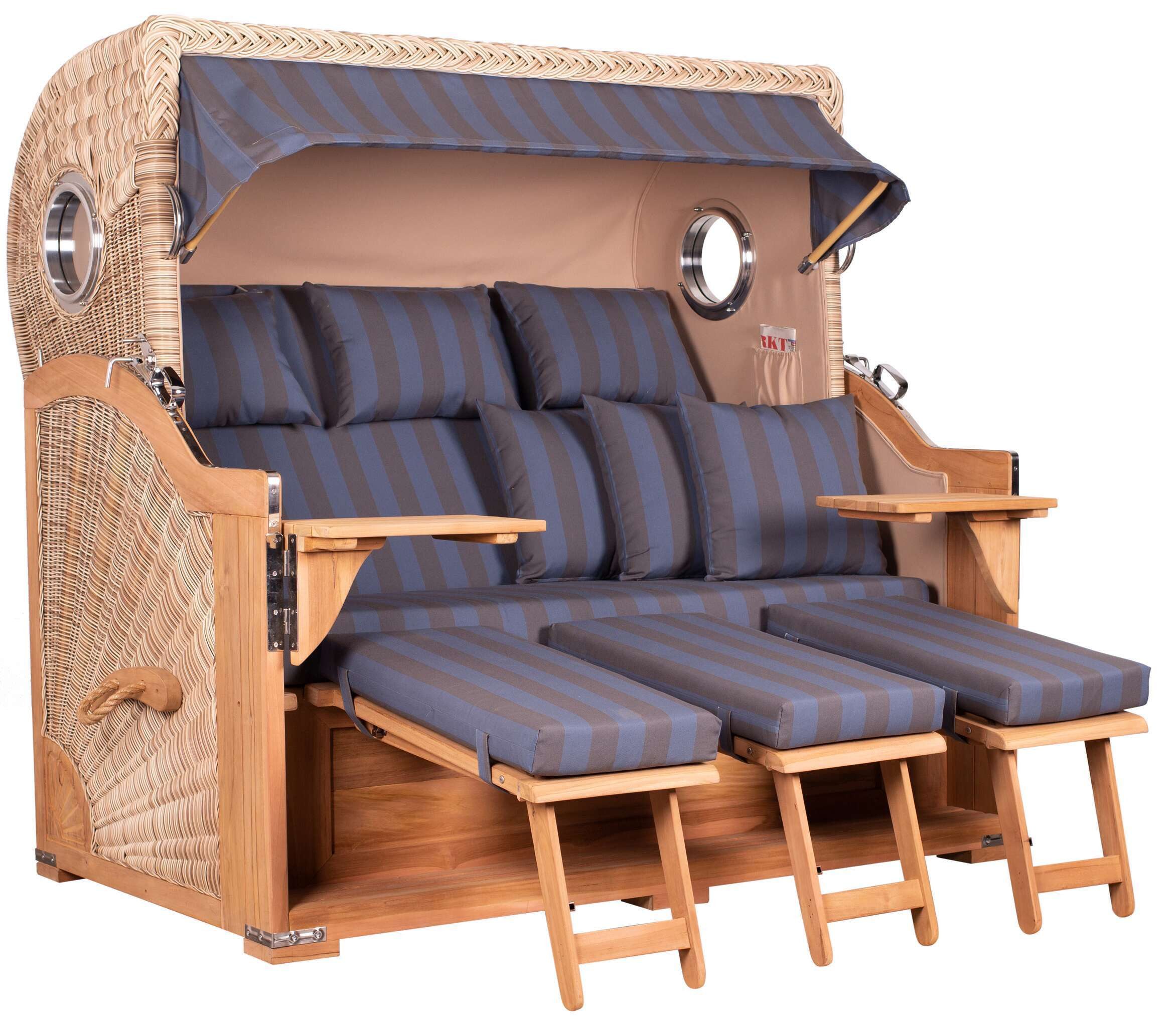 MR.DEKO Strandkorb XXL Dreisitzer Teak Shell PE-Geflecht mit Bullaugen 170x95x170cm, BxTxH: 170x95x170 cm, XXL, Baltikum XXL, (Fertig montierter großer Strandkorb für Garten & Terrasse, 1-tlg), Wetterfester Volllieger mit Edestahlbeschlägen & waschbaren Polstern
