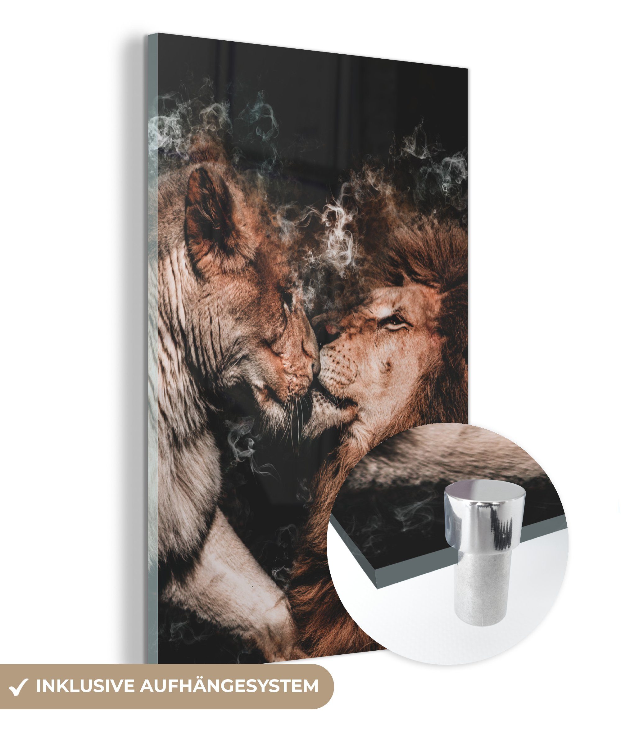 MuchoWow Acrylglasbild Löwen - Rauch - Kissen, (1 St), Glasbilder - Bilder auf Glas Wandbild - Foto auf Glas - Wanddekoration | Bilder