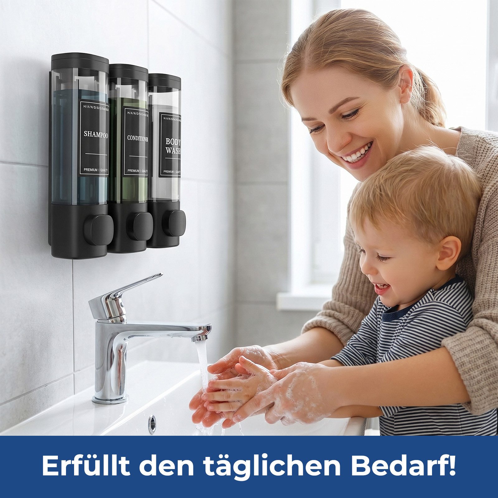 AKKEE Seifenspender WSeifenspender Wandmontage 3 Kammern 300ml, Duschgelspender Handwaschmittelspender