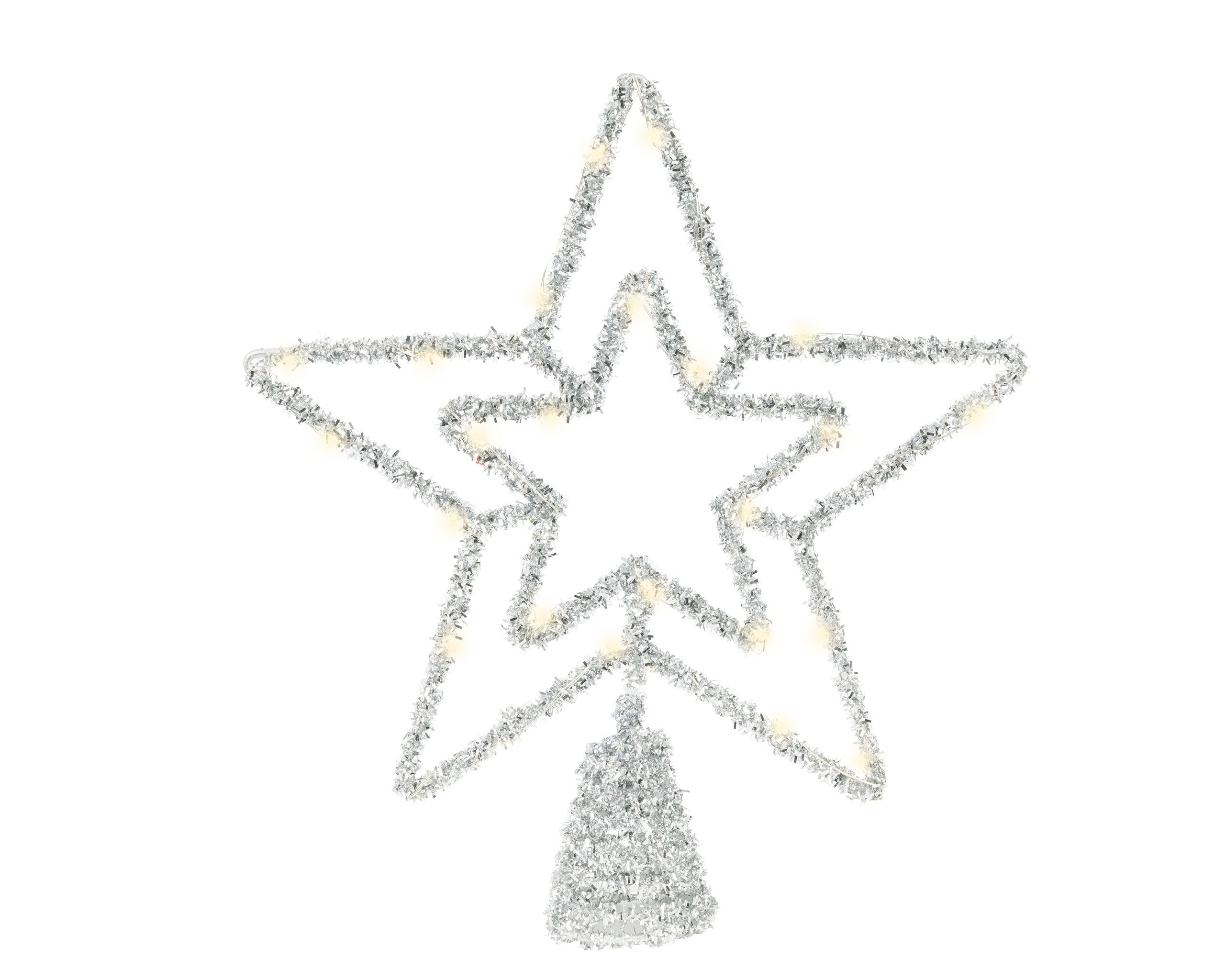Lumineo Christbaumspitze, LED Christbaumspitze Stern mit Timer 28cm Metall Silber / Warmweiß