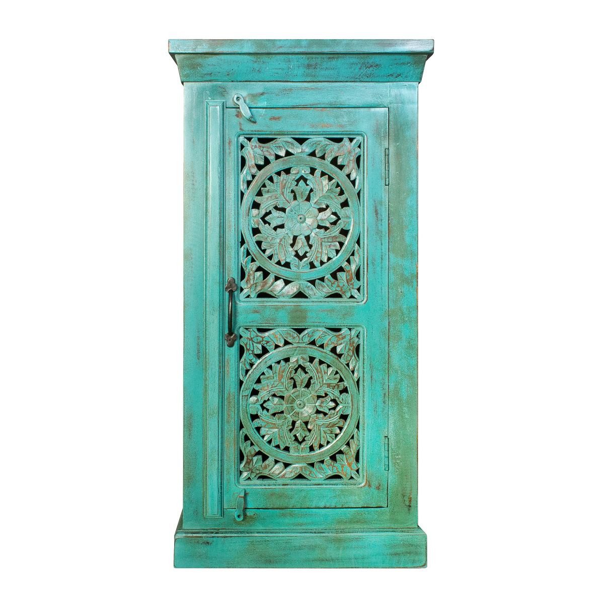 Oriental Galerie Mehrzweckschrank Türkis Kommode kleiner Schrank Indien Antik Design 100cm Flurschrank schmal hoch, Diele, Nachtschrank, Landhaus