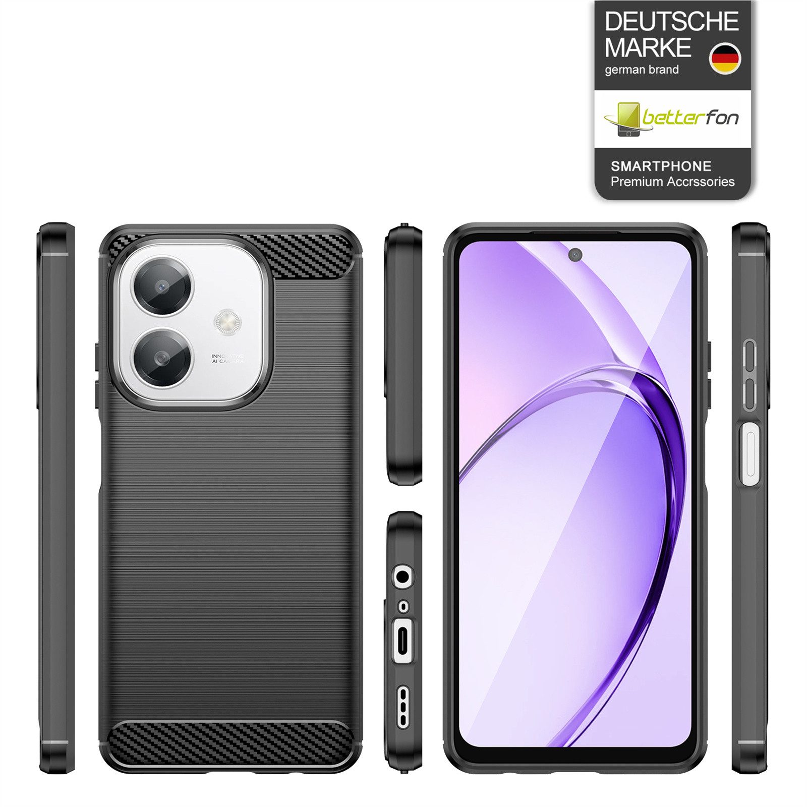 betterfon Handyhülle Carbon Hülle für Oppo Backcover TPU Silikon Bumper Schwarz, Carbon-Look – stoßfestes Case mit Air-Cushion & Metall-Optik
