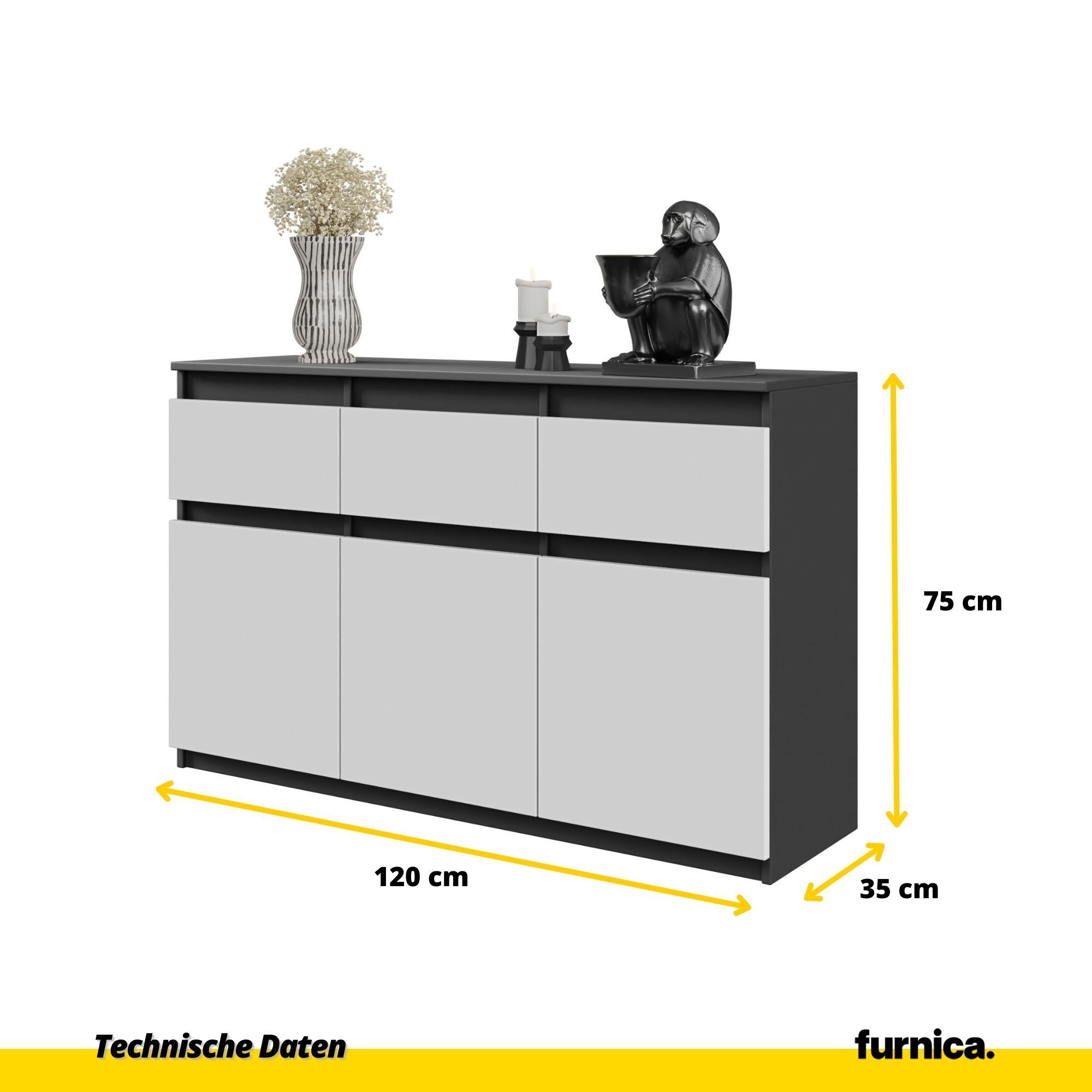 Anthrazit H75cm T35cm Türen Grau/Weiß Furnica - Anthrazit und 3 B120cm 3 Grau Matt (1 Kommode NOAH, Schubladen St)