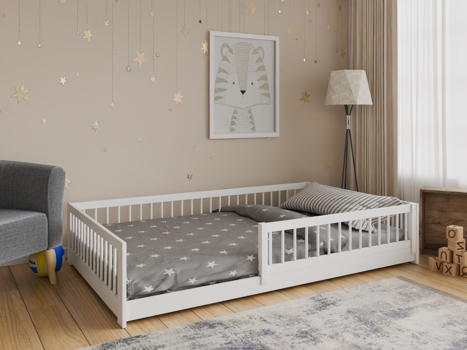 thematys Kinderbett Bodenbett mit Rausfallschutz für Kinder - MADE IN EU - Montessori (120x200cm - weitere Größen 80x160, 80x180, 90x200, 140x200cm verfügbar, für Kinder Jungen und Mädchen Jugendbett Einzelbett Montessori), aus Kieferholz massiv