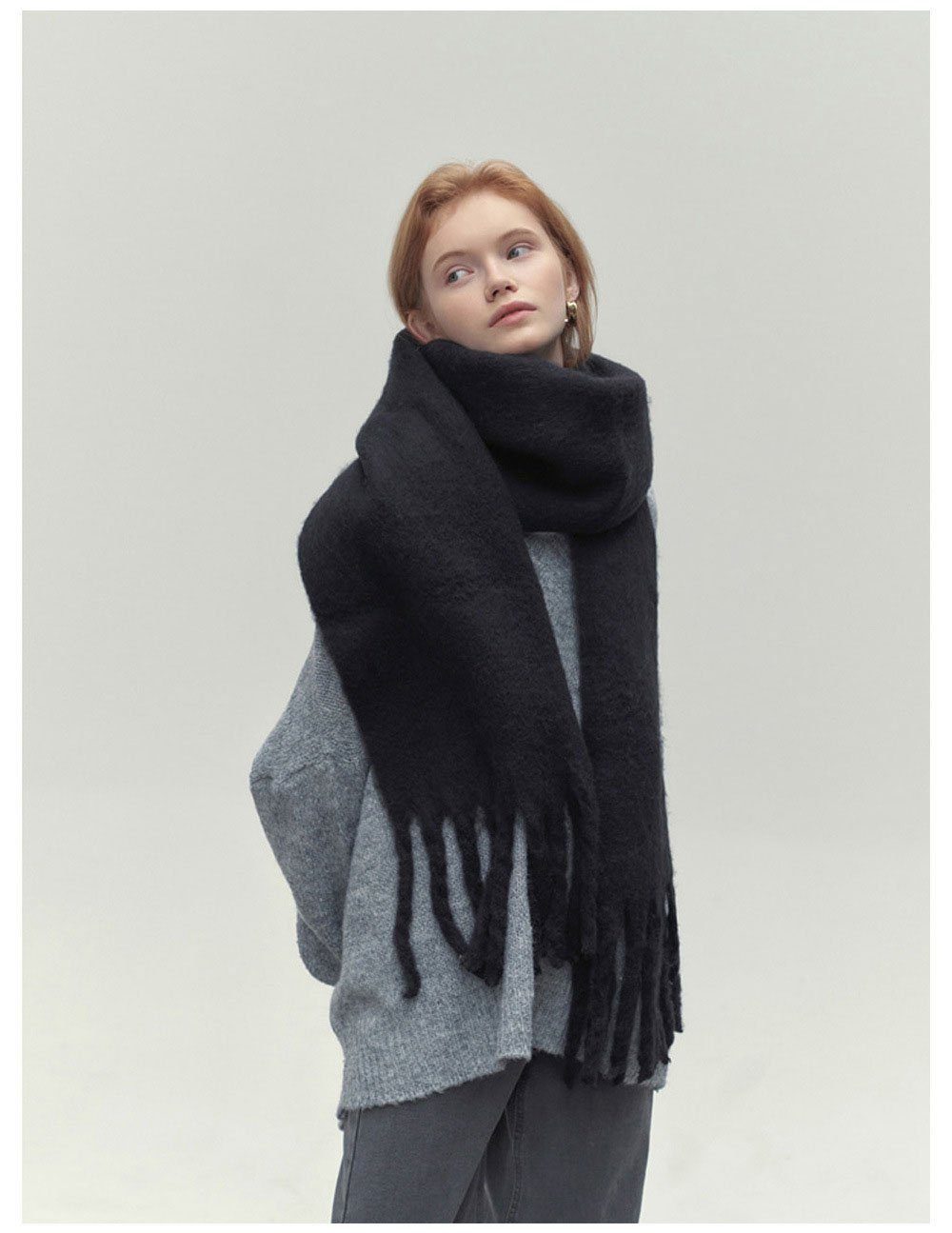 Ladies Damenschal, Colour Schal (1-St) Schwarz Warm Winter Solid LENBEST mit Quasten, Modeschal