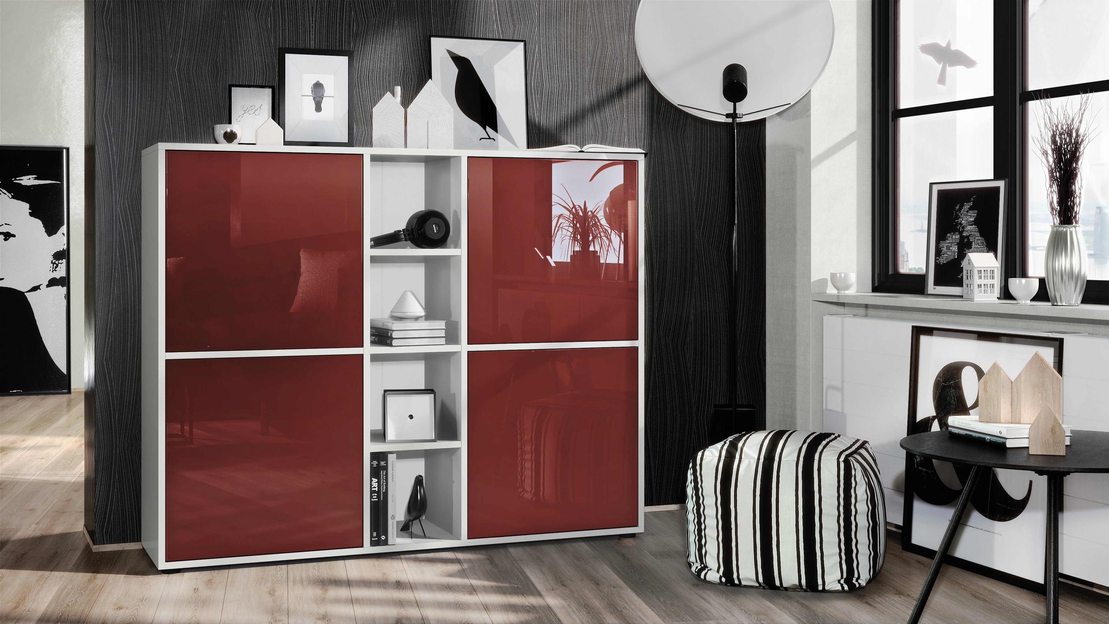 Vladon Highboard Cuba V3 (Highboard, Schrank Anrichte Cuba V3 mit 12 Fächern), Korpus in Weiß matt / in Bordeaux glänzend (130,5x105,5x35,5 cm)