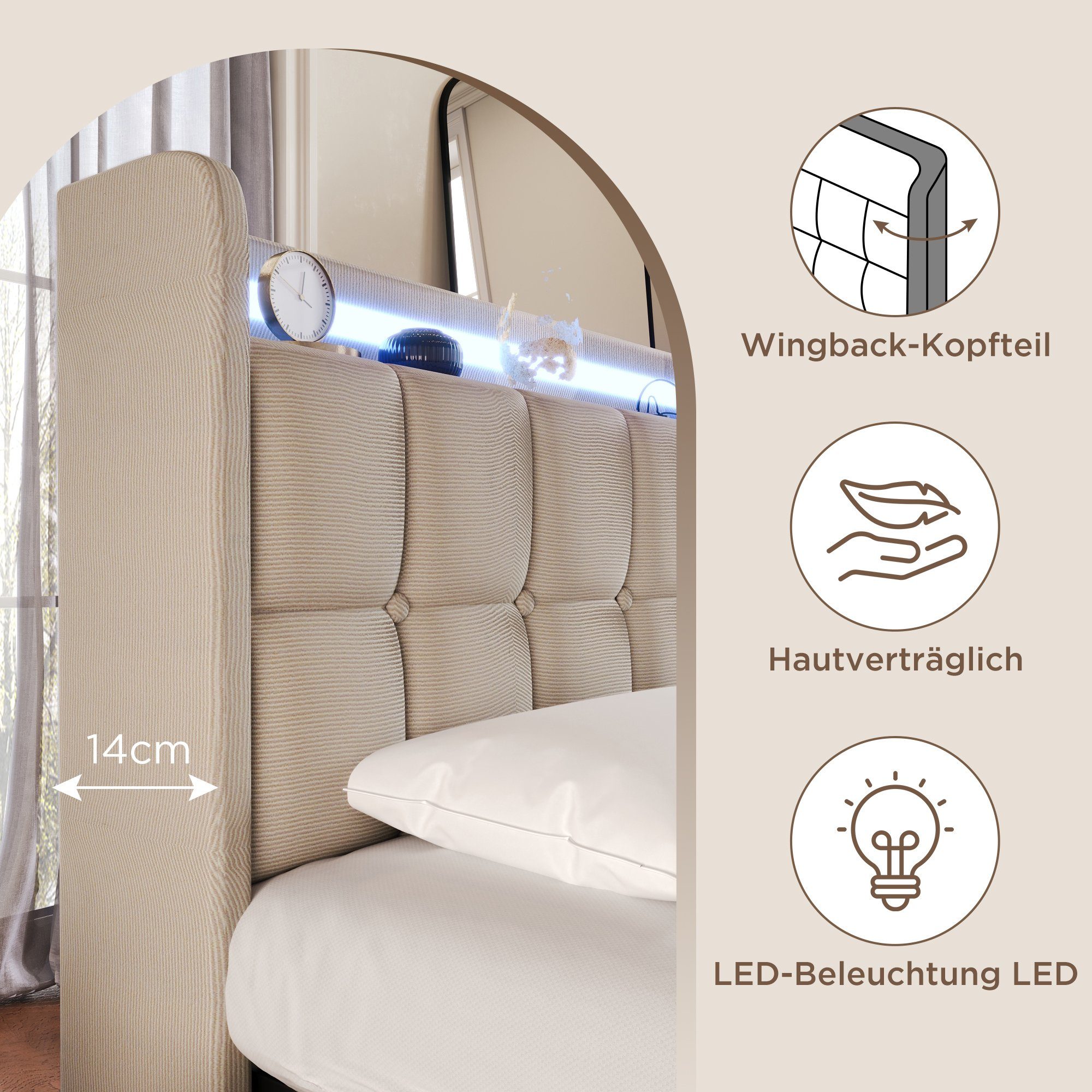 2 LED-Beleuchtung 90x200cm Polsterbett, Flieks mit Ladefunktion Schubladen beige und Einzelbett