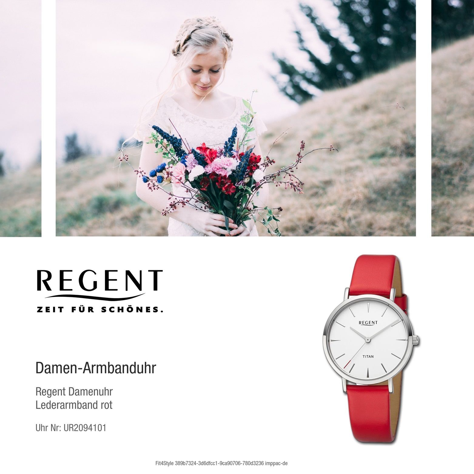Damenuhr Regent Damen 36mm) (ca. rot, rundes Lederarmband Regent extra groß Quarzuhr Gehäuse, Analog, Armbanduhr