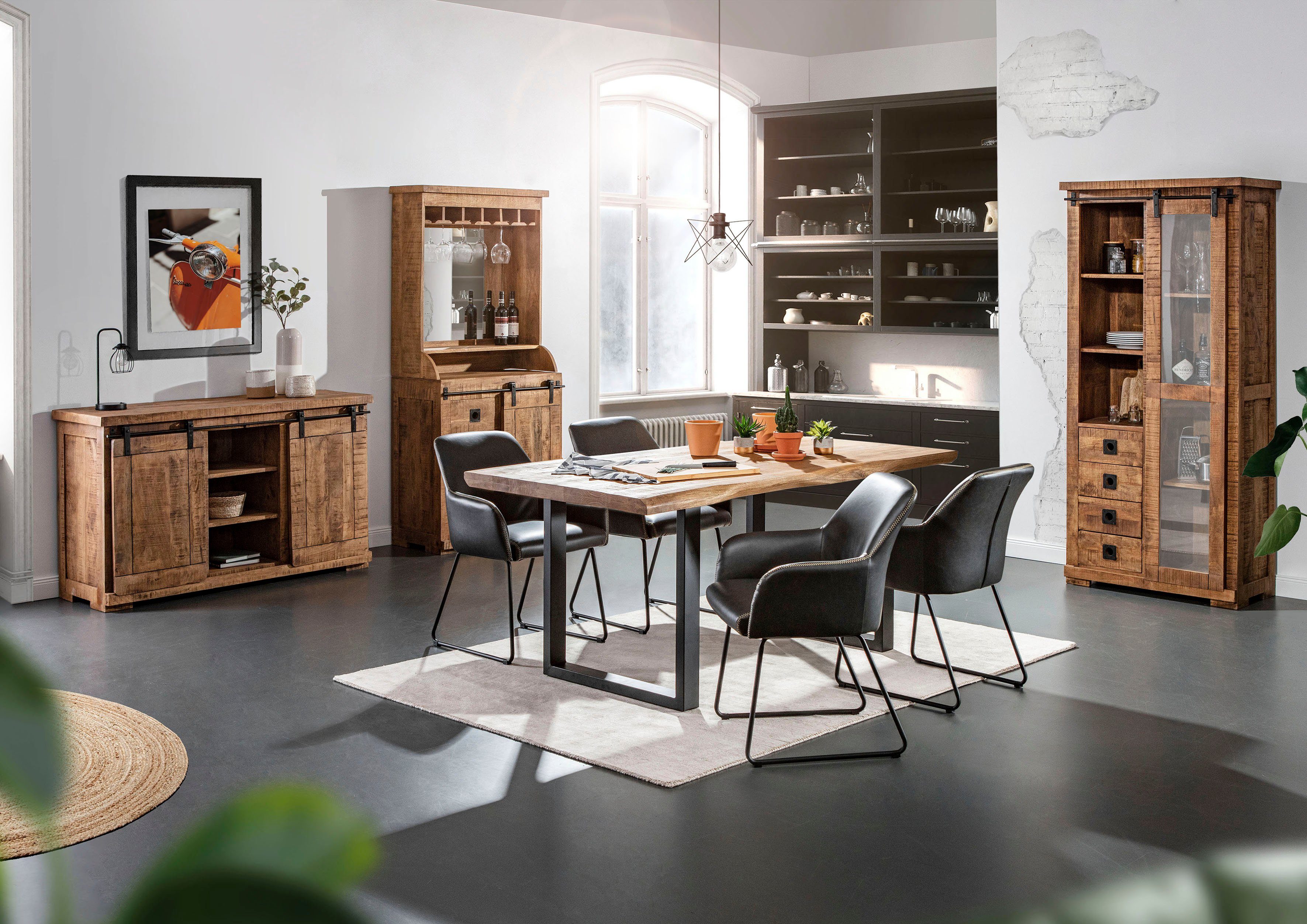Gutmann Factory Midischrank Kamerun Bar Kommode mit Buffet-Aufsatz mit Spiegel und Glashalter