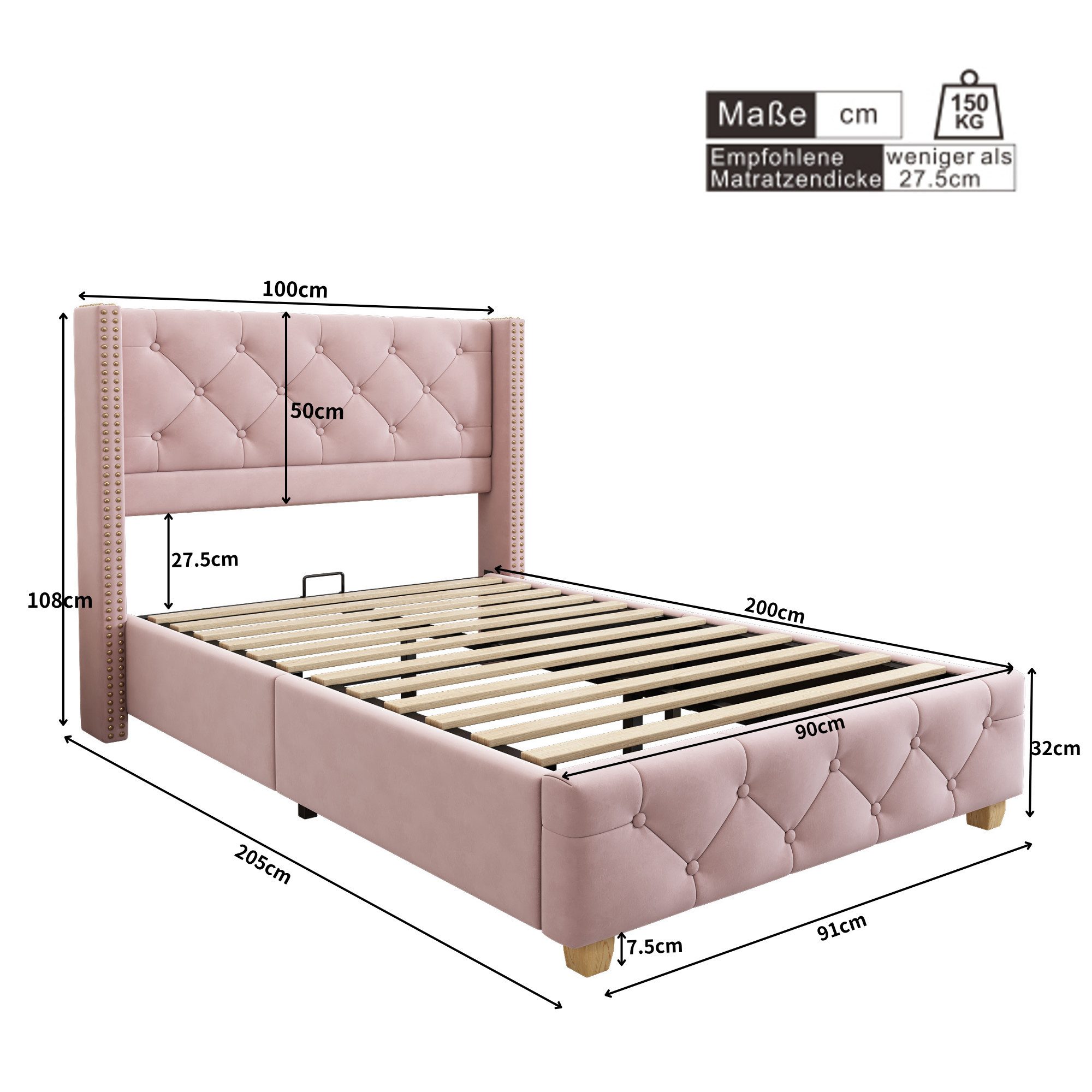 Flieks Polsterbett, Massivholz Einzelbett 90x200cm mit Lattenrost und Polster-Kopfteil