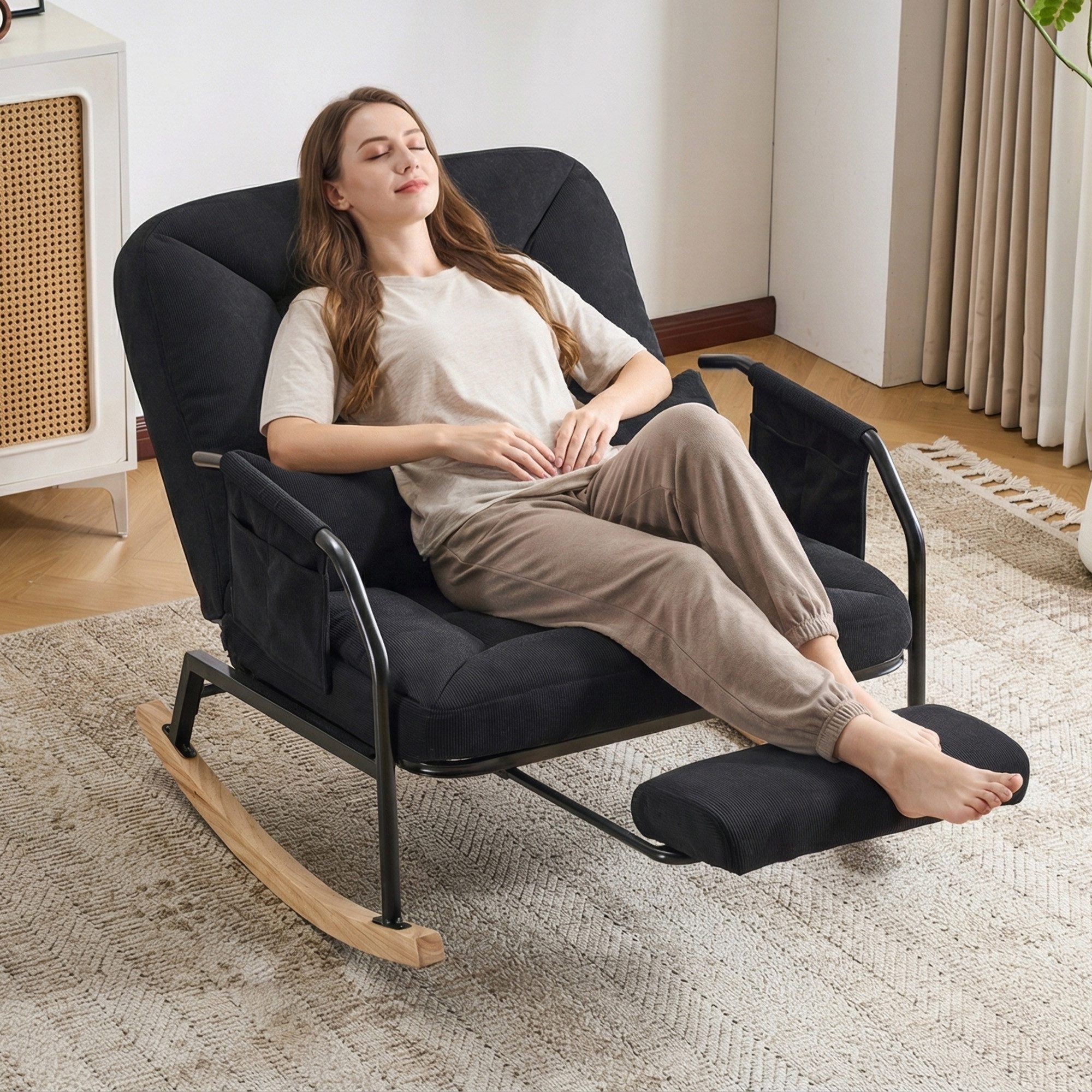 CANMOV Relaxsessel Schaukelstuhl mit ausziehbarer Fußstütze, Ergonomischer Schaukelsitz, mit Kissen und Fußstützung, verstellbare Rückenlehne 100°–160°