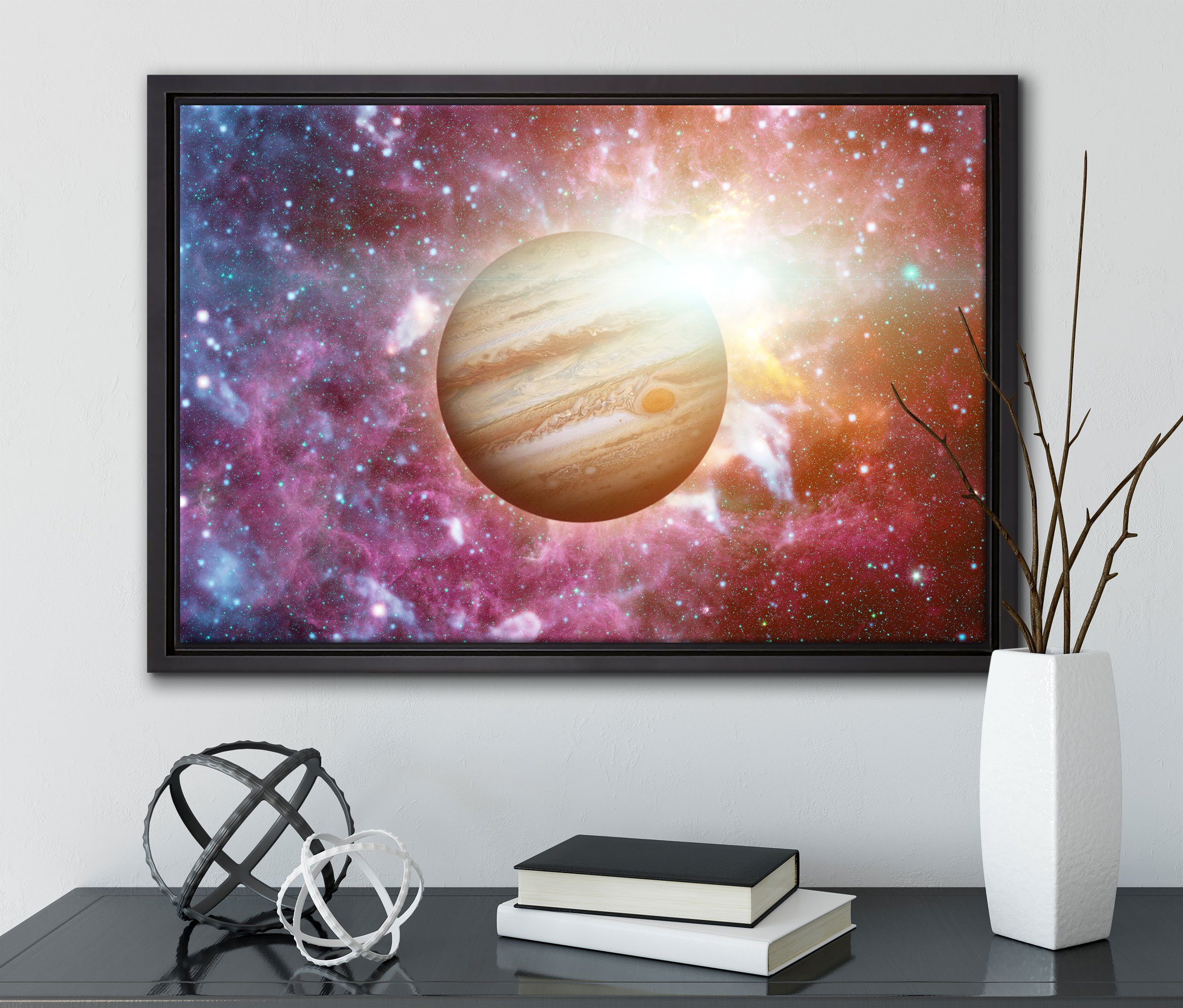 Pixxprint Leinwandbild Planet Jupiter Universum, inkl. Leinwandbild einem in (1 Wanddekoration St), Zackenaufhänger fertig gefasst, bespannt, Schattenfugen-Bilderrahmen im