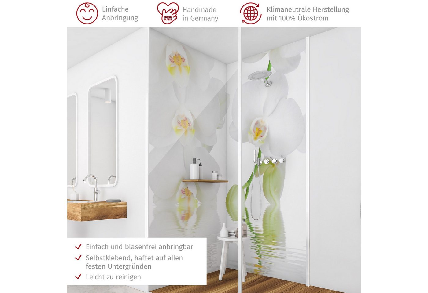 Thumbnail - Bilderdepot24 Badrückwand Blumen weiß Duschrückwand ohne Bohren Dusche Fliesenersatz, (2-tlg., Hart-Folie Premium matt 0...