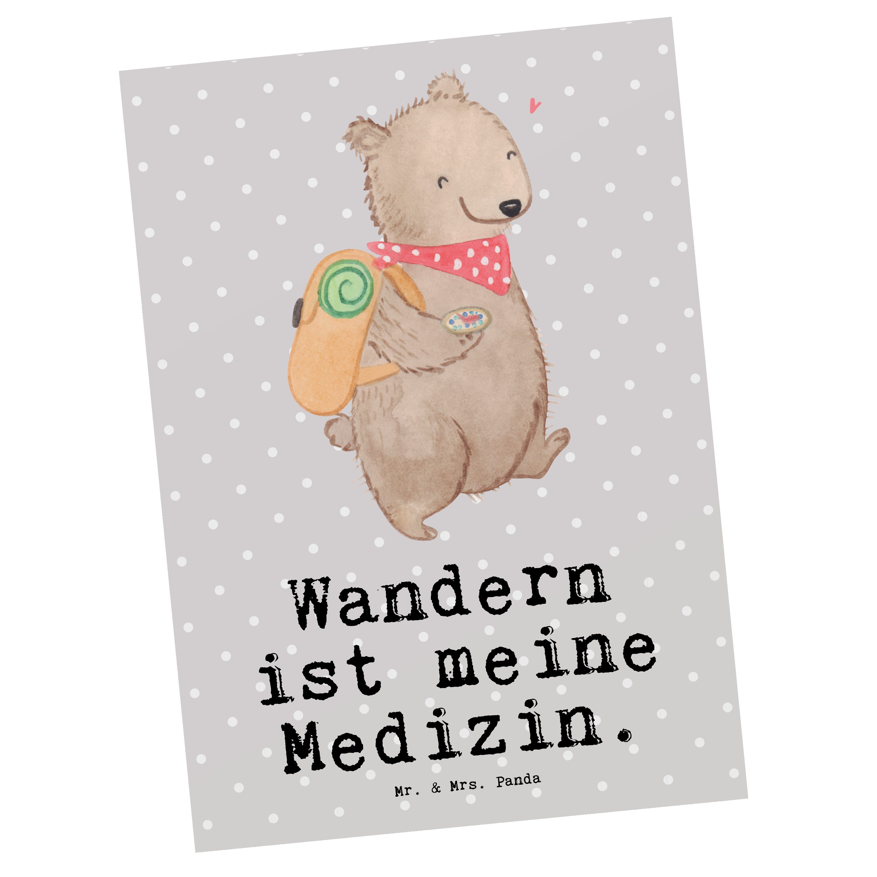 Mr. Wandern - Medizin Bär Postkarte Panda Pastell Grau & Geschenk, Mrs. Einladung - Bergsteigen,