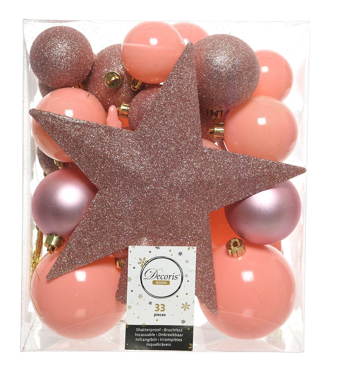 Decoris season decorations Weihnachtsbaumkugel, Weihnachtskugeln Kunststoff mit Stern 33er Set - Rosa Bonbon