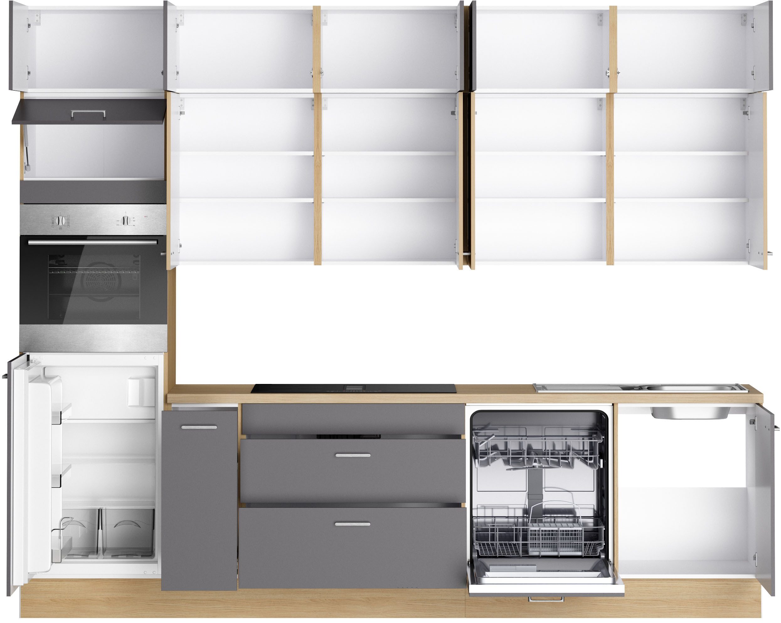 KOCHSTATION Küchenzeile KS-Lucy wahlweise mit Induktionskochfeld mit integriertem Dunstabzug, Breite 300 cm, Soft-Close, inkl. Zubehör, wahlweise mit E-Geräten