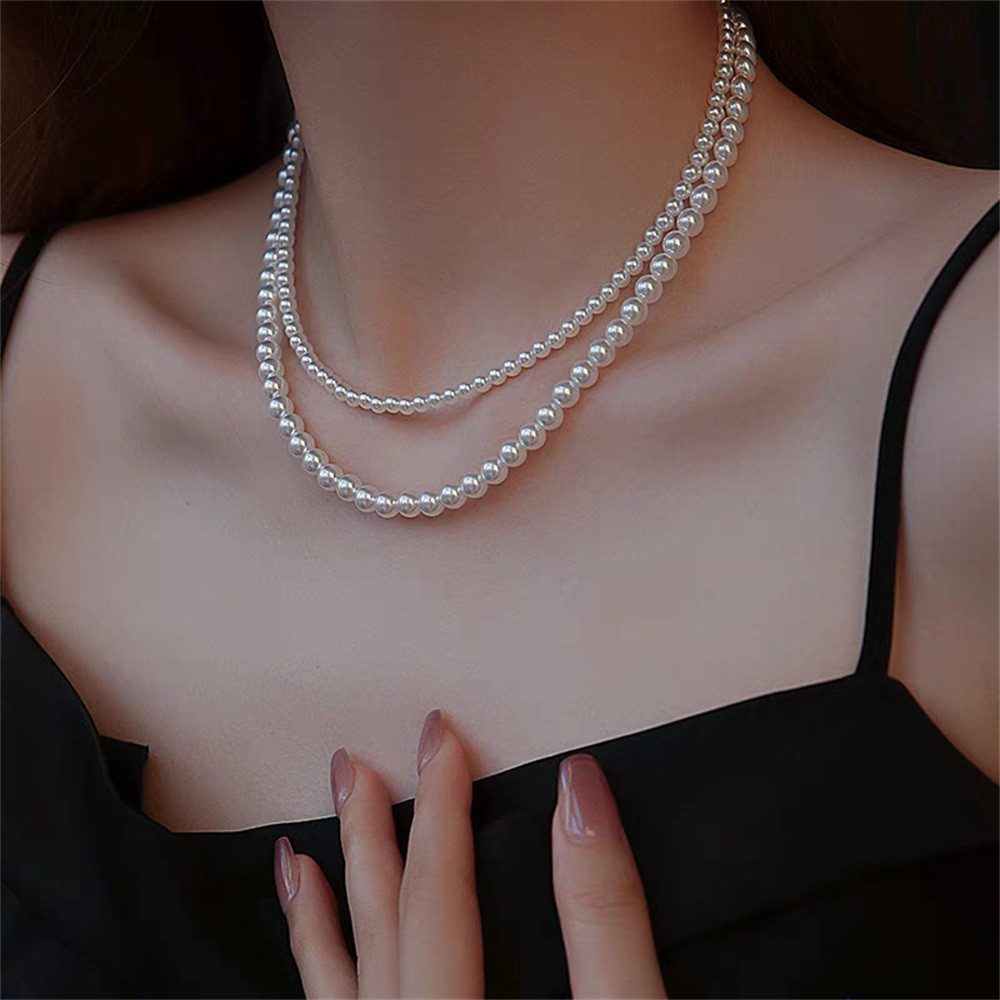 MOPUEA Perlenketten-Set 3/6mm, 40/45cm Perlenketten-Set Damen Perlenkette 2-reihig Halsketten (Französischer Stil aus Süßwasserperlen Kette mit Anhänger Freundin Geschenk, Hochzeit Halsketten Braut Kristall Kette Schmuck), Brautschmuck Zwei separate Verschlüsse für Einzel- und Layering-Look