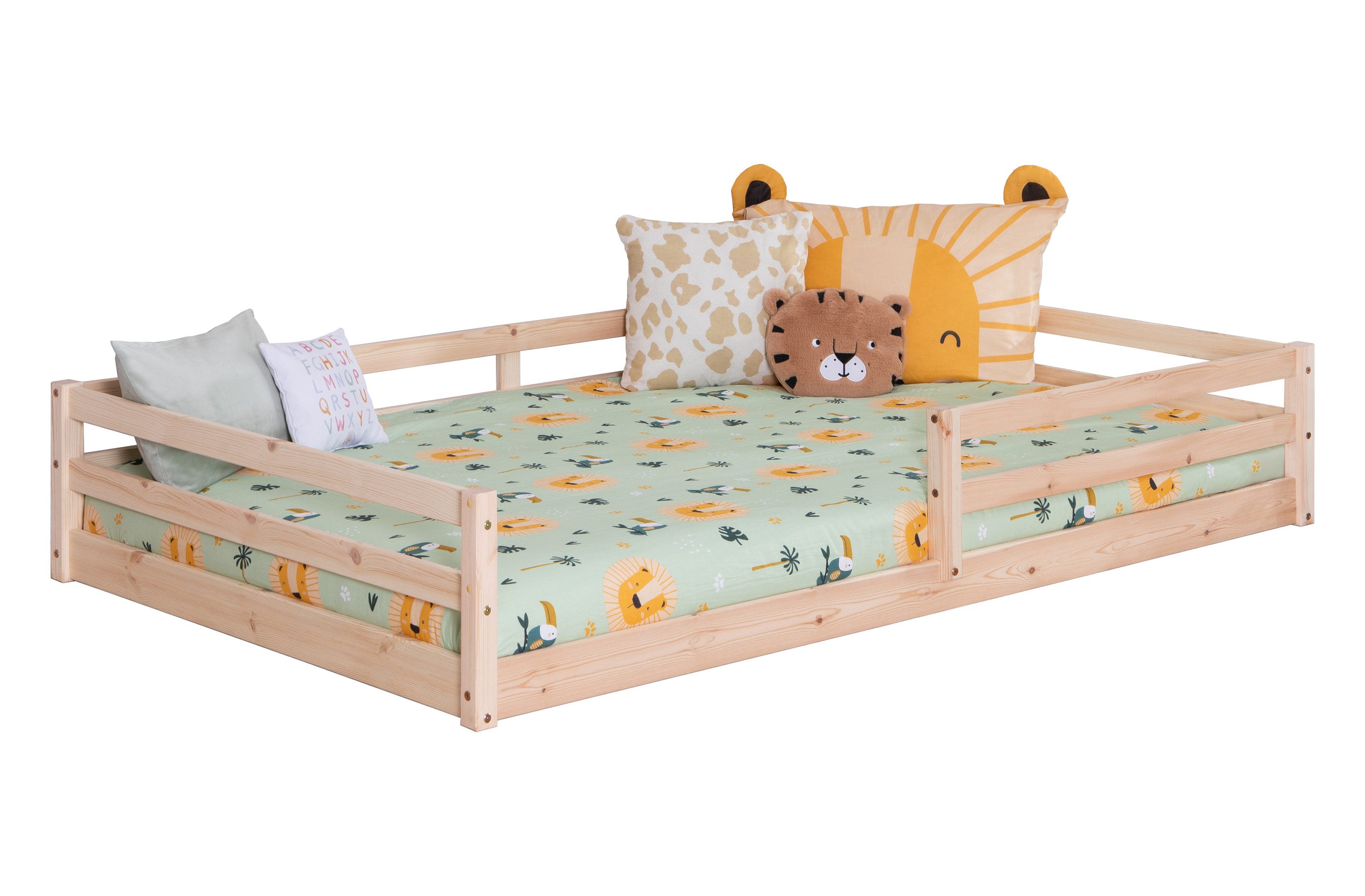 Ticaa Kinderbett, Neo Hausbett Bodenbett mit Rausfallschutz 150kg, inkl. Lattenrost & abnehmbarem Rausfallschutz, 120x200, Natur