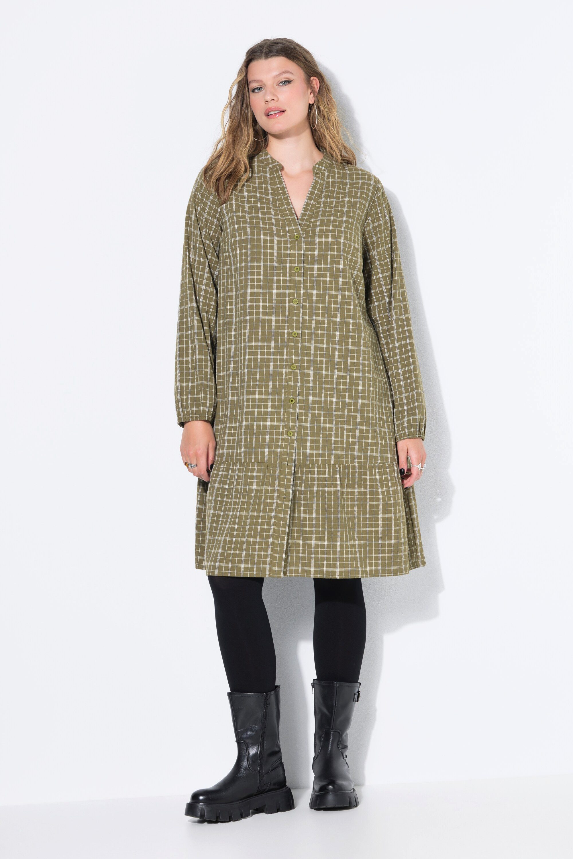 Studio Untold Jerseykleid Kleid kurze A-Line Karo Saumvolant Knopfleiste