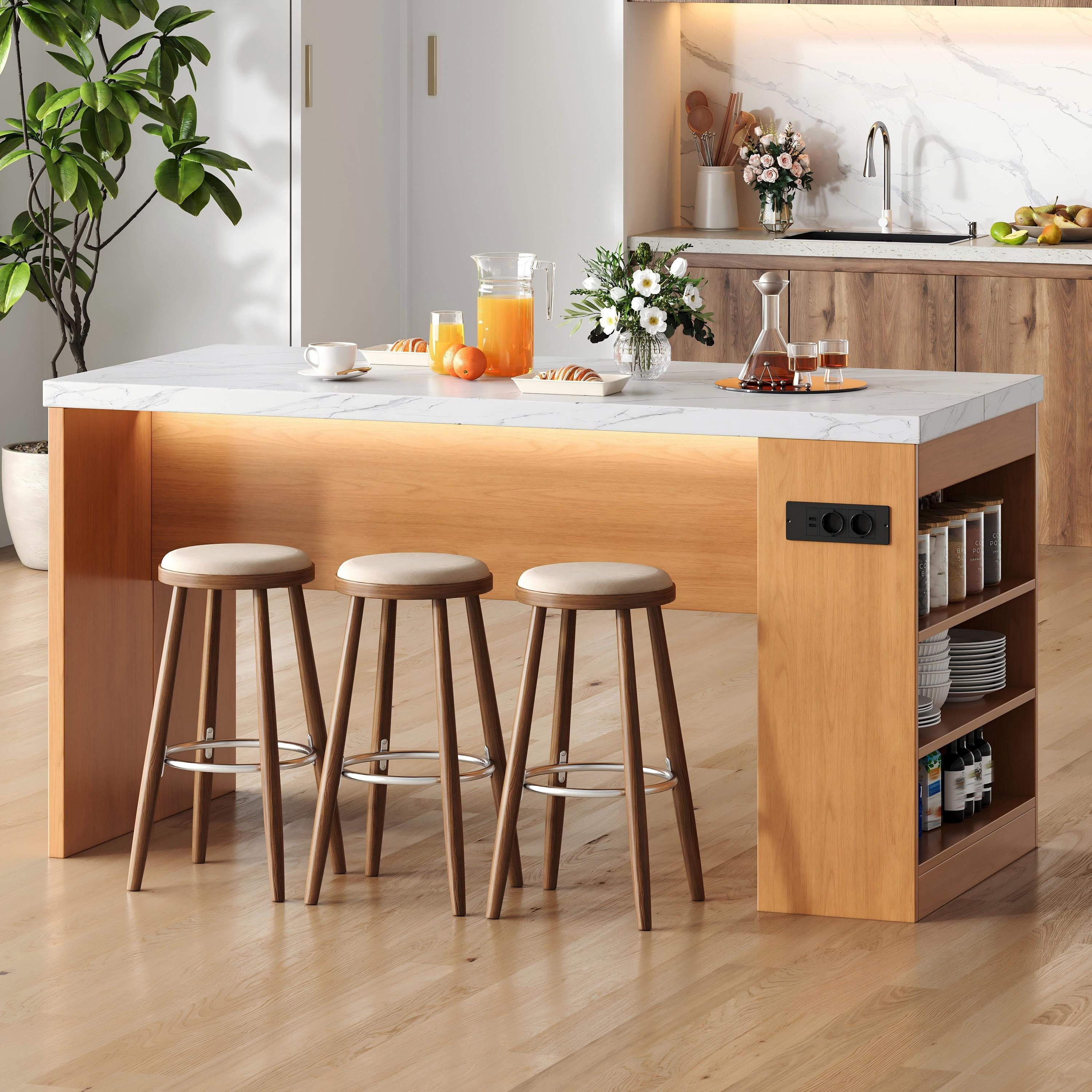 Celya Kücheninsel 155x80x90cm mit LED Beleuchtung und Steckdose, (Küchenblock mit 40mm Arbeitsplatte, 3 offenen Ablagen), mit 2 AC-Steckdosen und 2 USB-Ports