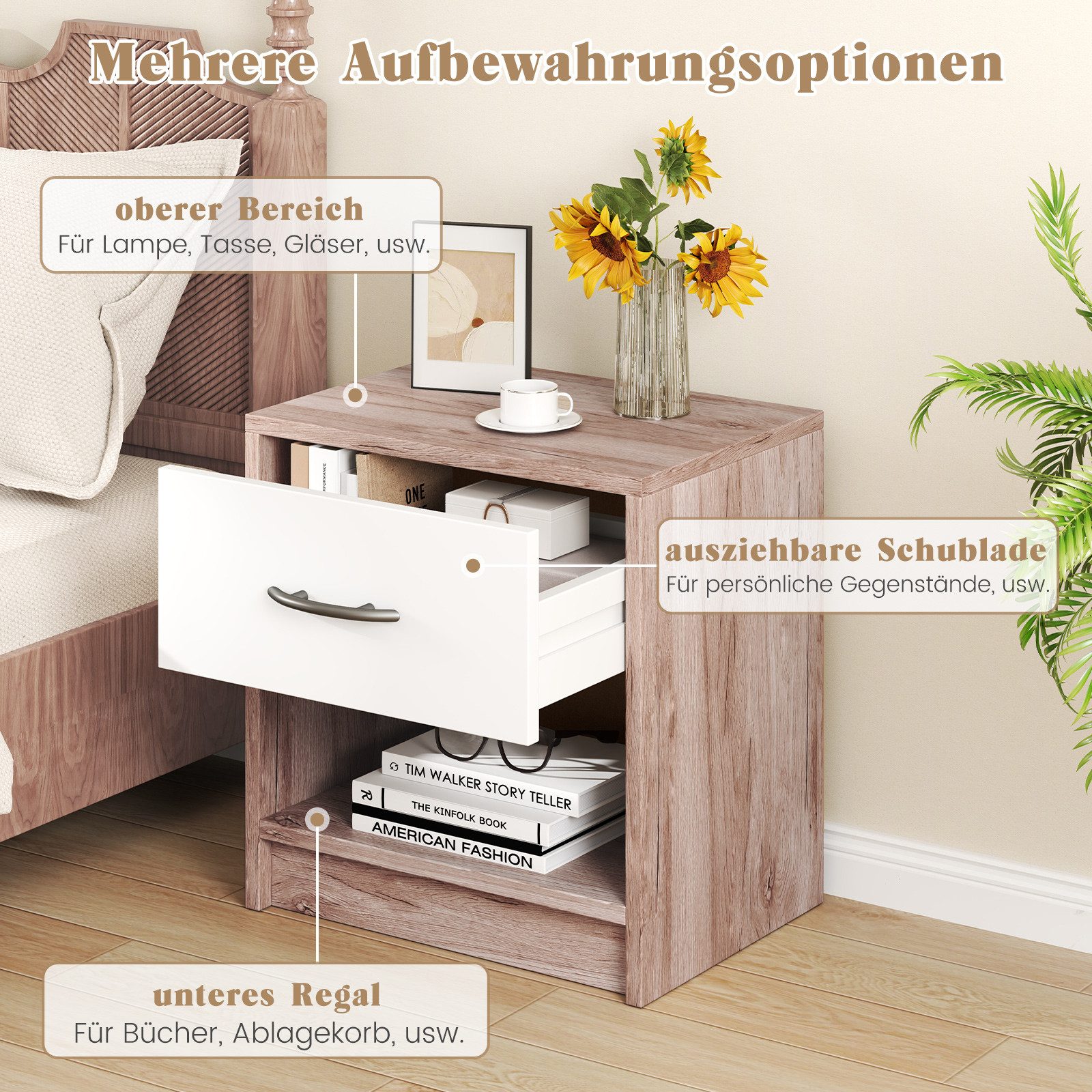 COSTWAY Nachttisch (1-St), Beistelltisch, mit Schublade & offenem Fach, 38,5x28x40,5cm