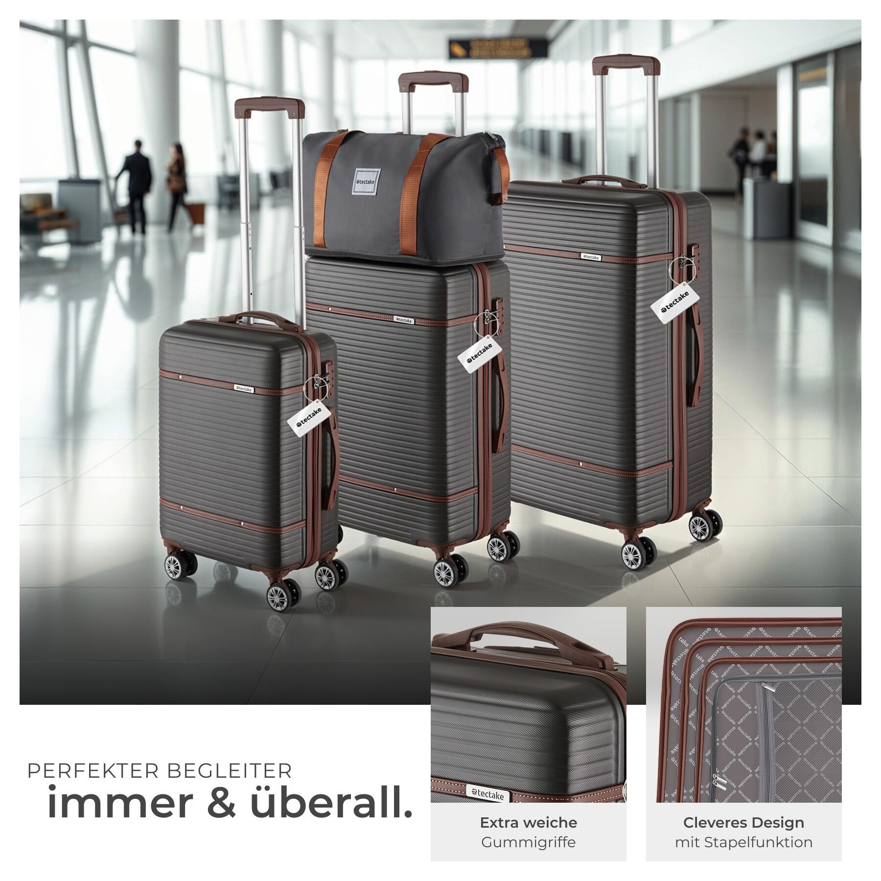 tectake Trolley Hartschalenkoffer-Set 13-tlg. robuster ABS-Kunststoff mit, 4 Rollen, TSA-Sicherheitszahlenschloss, 360° drehbare, abnehmbare Doppelrollen