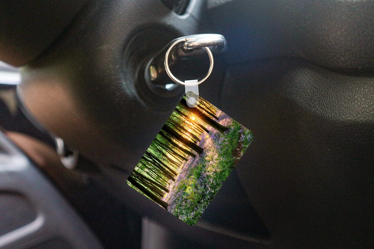 MuchoWow Schlüsselanhänger Wald - Blumen - Lavendel - Sonne - Lila - Natur, Rechteckig mit Schlüsselring, Geschenk, Accessoire, 6x4 cm