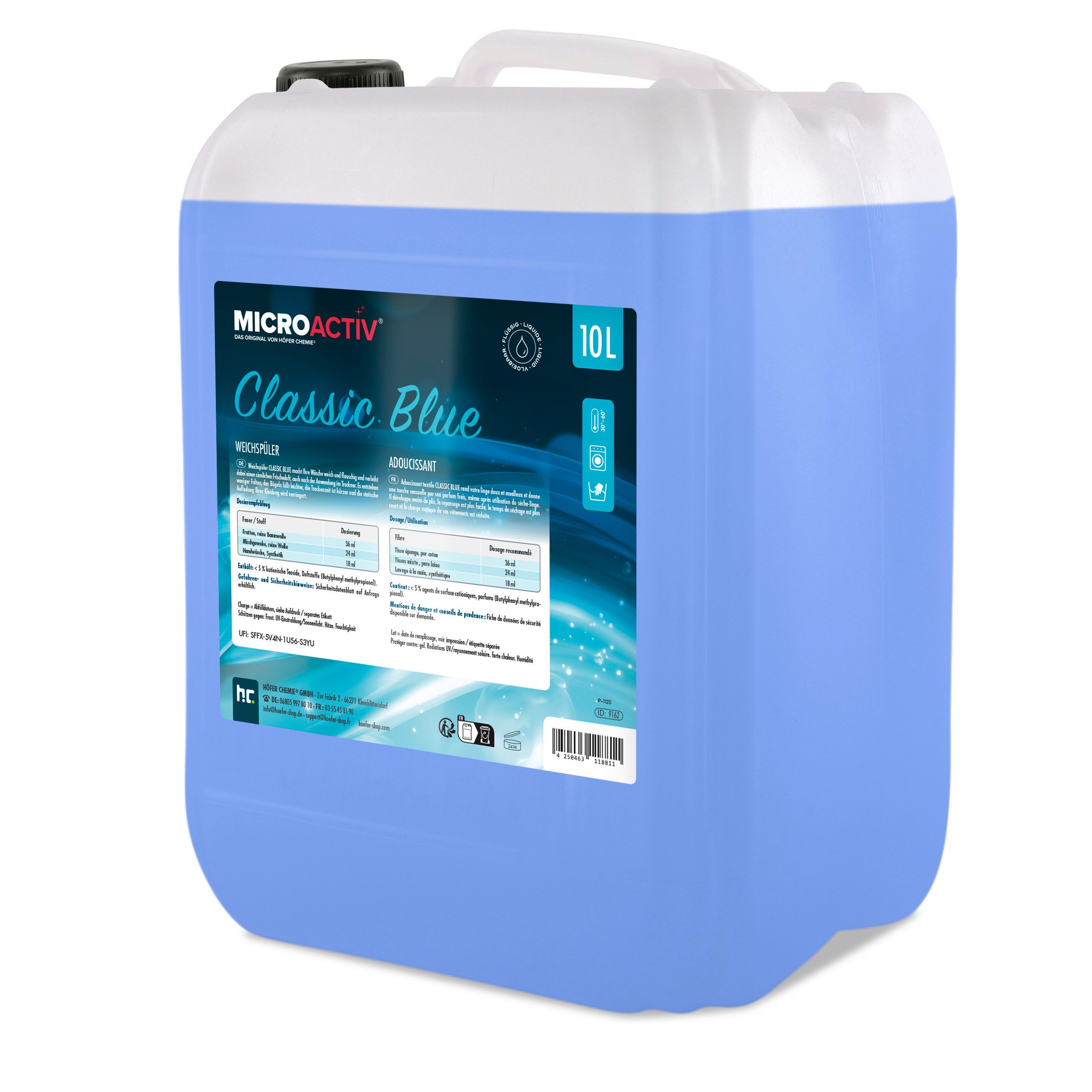 Höfer Chemie GmbH 10 L Microactiv® Weichspüler Classic Blue Grundreiniger (Weiche Wäsche mit frischem Duft)
